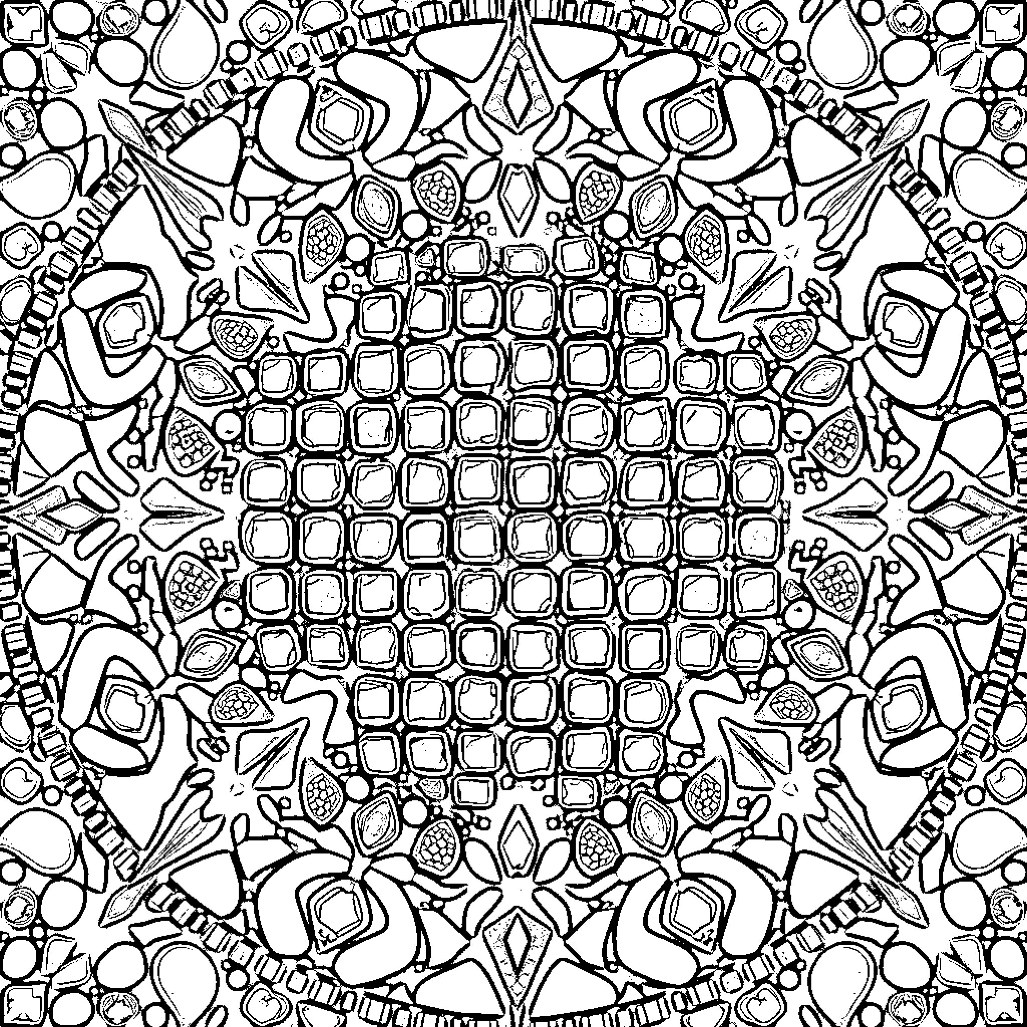 Mosaic of abstract shapes and patterns Coloring Page (free black-and-white line drawing printable PDF for all, from beginners to advanced learners, including children, teens, adults, and seniors)
