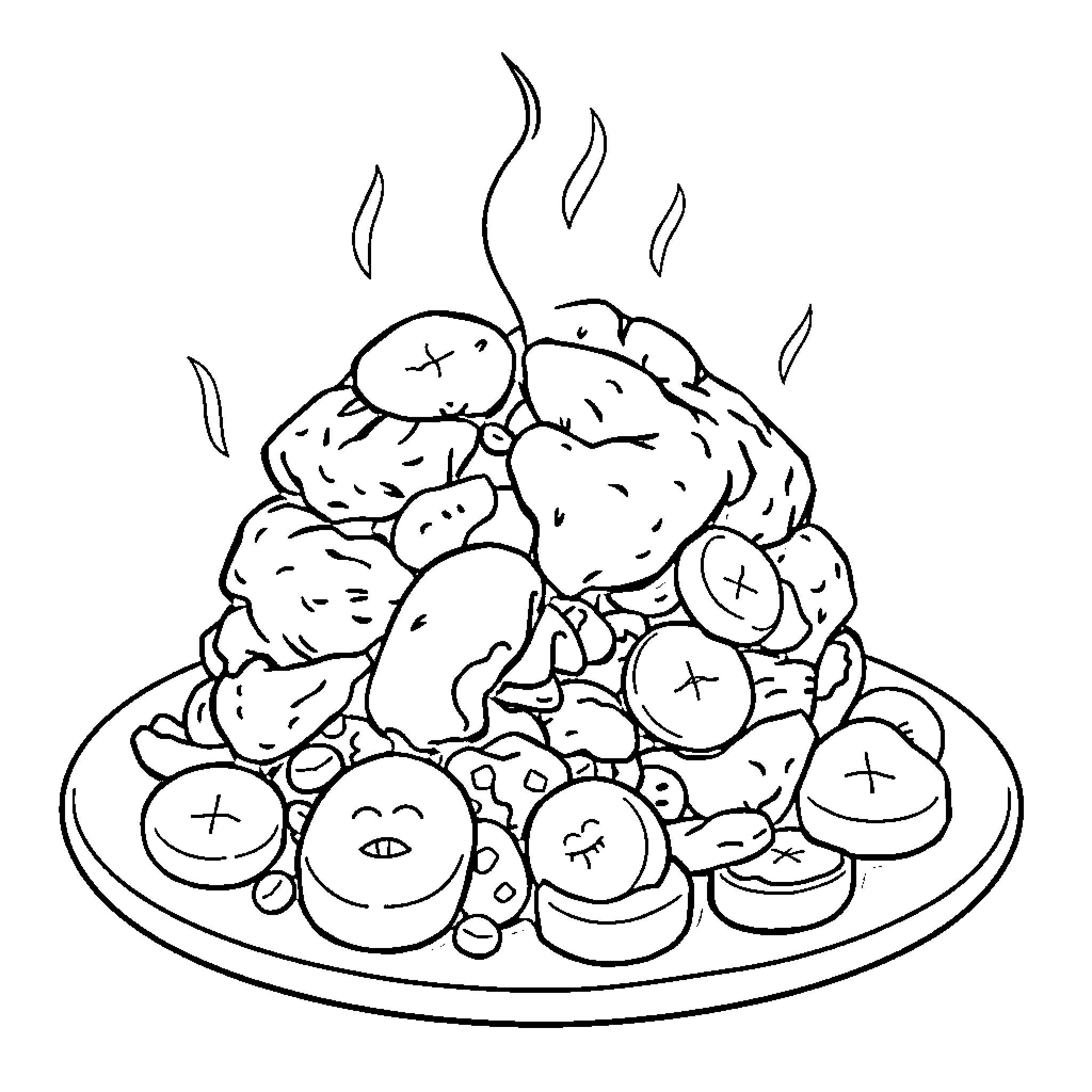 Chicken dish served hot and sizzling Coloring Page (free black-and-white line drawing printable PDF for all, from beginners to advanced learners, including children, teens, adults, and seniors)