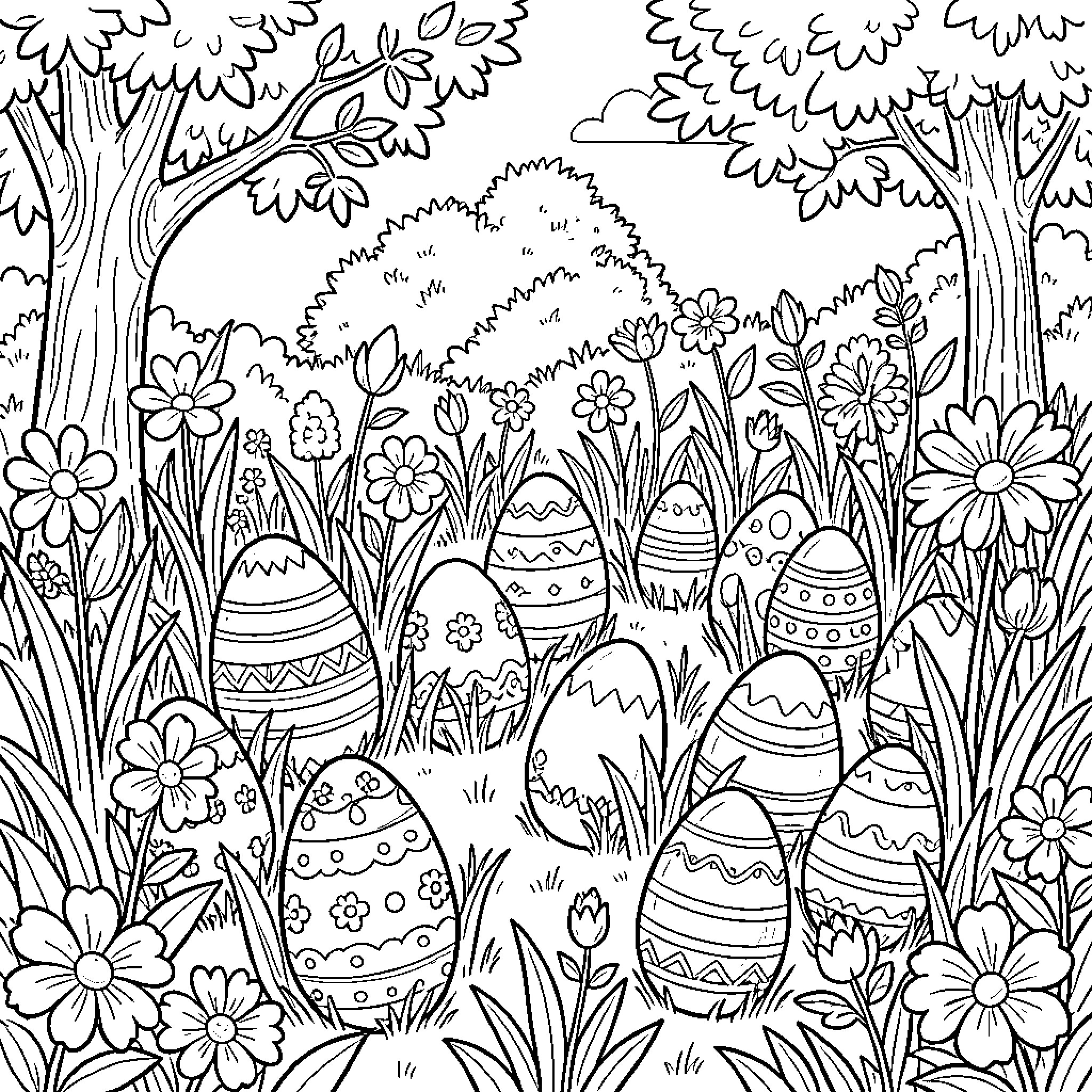 Easter Egg Landscape with Floral Decorations Coloring Page (free black-and-white line drawing printable PDF for all, from beginners to advanced learners, including children, teens, adults, and seniors)