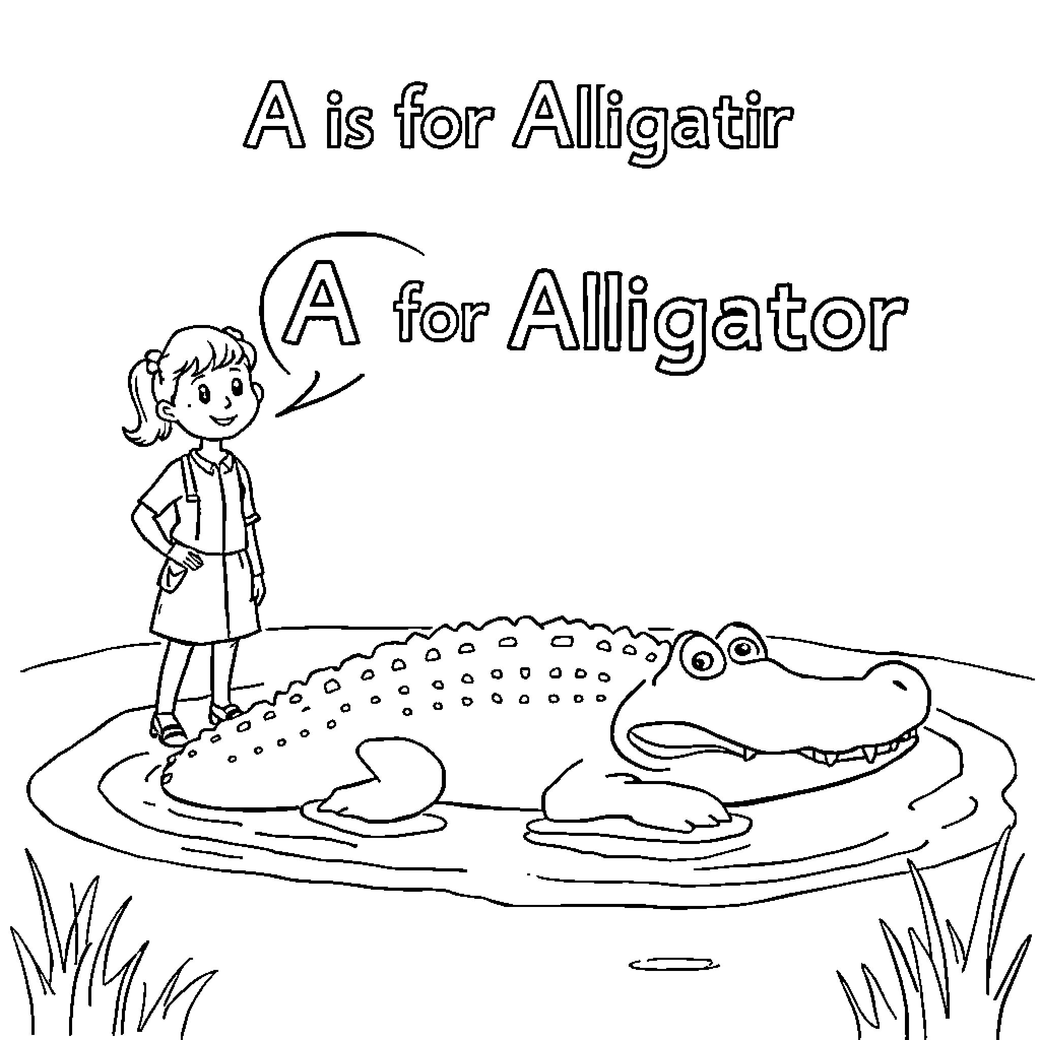 Alligator relaxing in the swamp Coloring Page (free black-and-white line drawing printable PDF for all, from beginners to advanced learners, including children, teens, adults, and seniors)