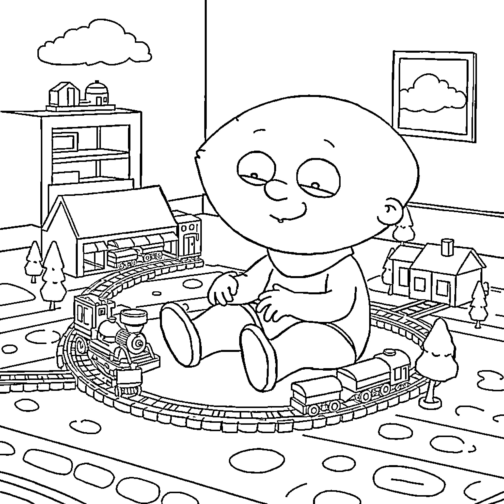 Stewie playing happily with toy train in room Coloring Page (free black-and-white line drawing printable PDF for all, from beginners to advanced learners, including children, teens, adults, and seniors)
