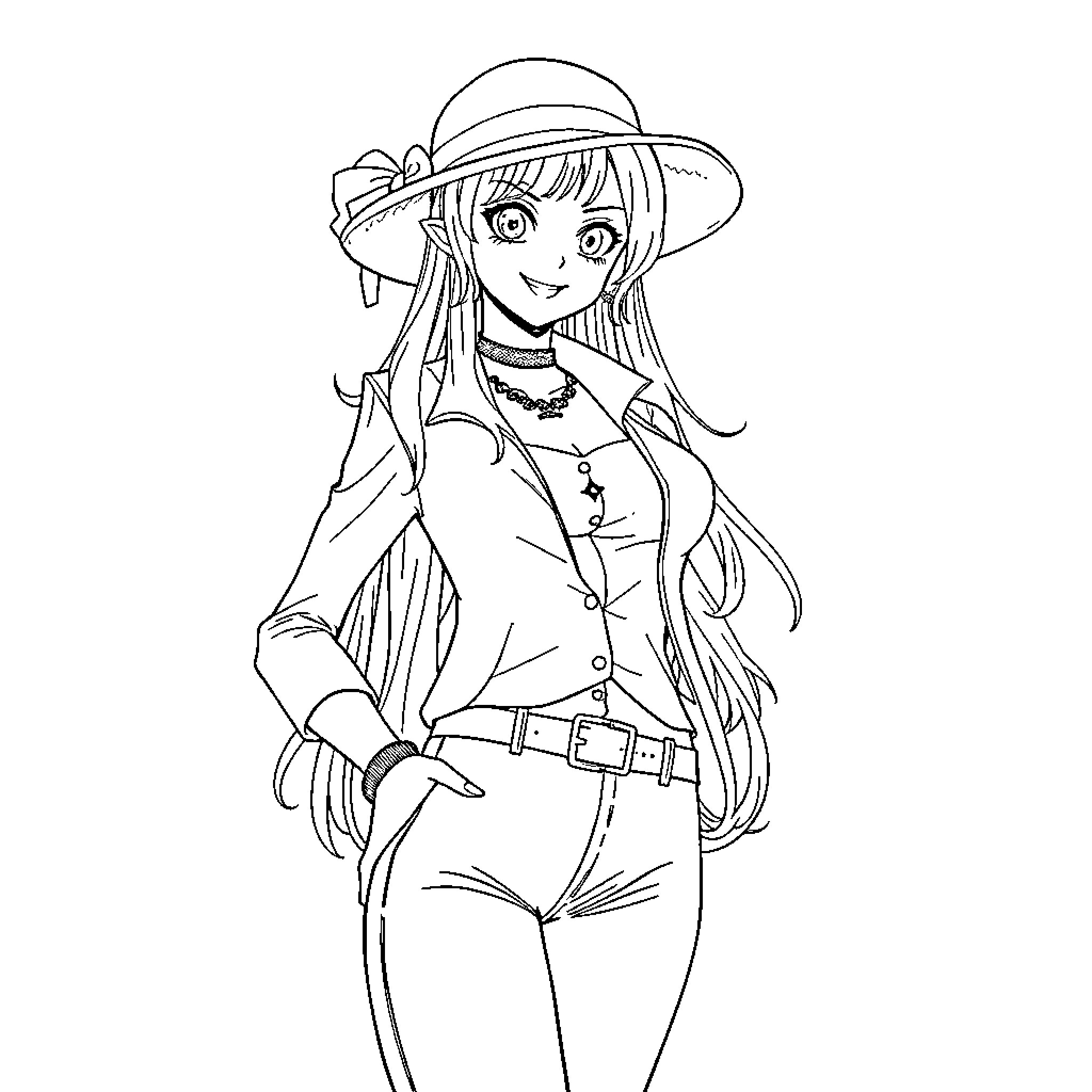 Nami, the Cheerful Anime Character in Stylish Outfit Coloring Page (free black-and-white line drawing printable PDF for all, from beginners to advanced learners, including children, teens, adults, and seniors)