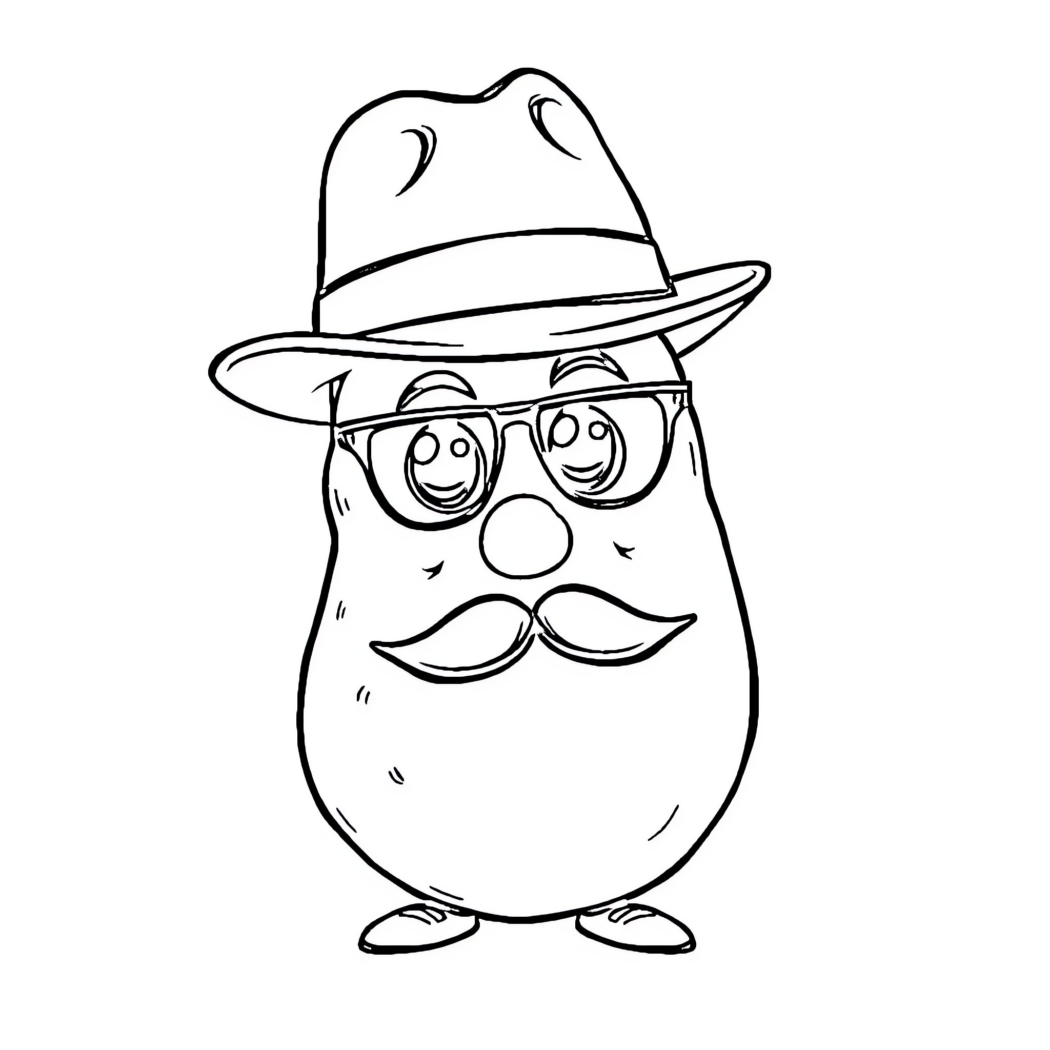 Potato character wearing a hat and glasses Coloring Page (free black-and-white line drawing printable PDF for all, from beginners to advanced learners, including children, teens, adults, and seniors)