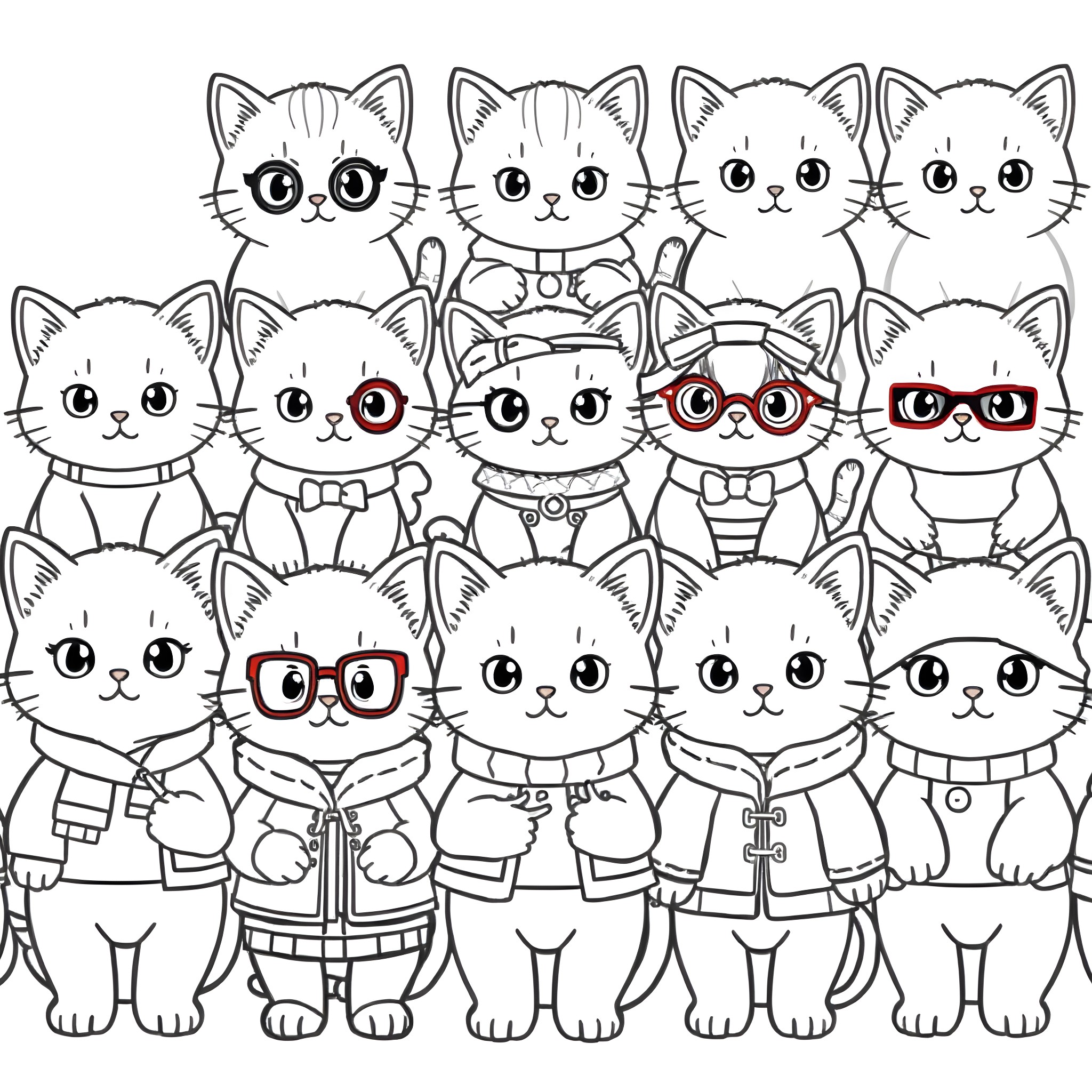 Kittens with various expressions and outfits Coloring Page (free black-and-white line drawing printable PDF for all, from beginners to advanced learners, including children, teens, adults, and seniors)
