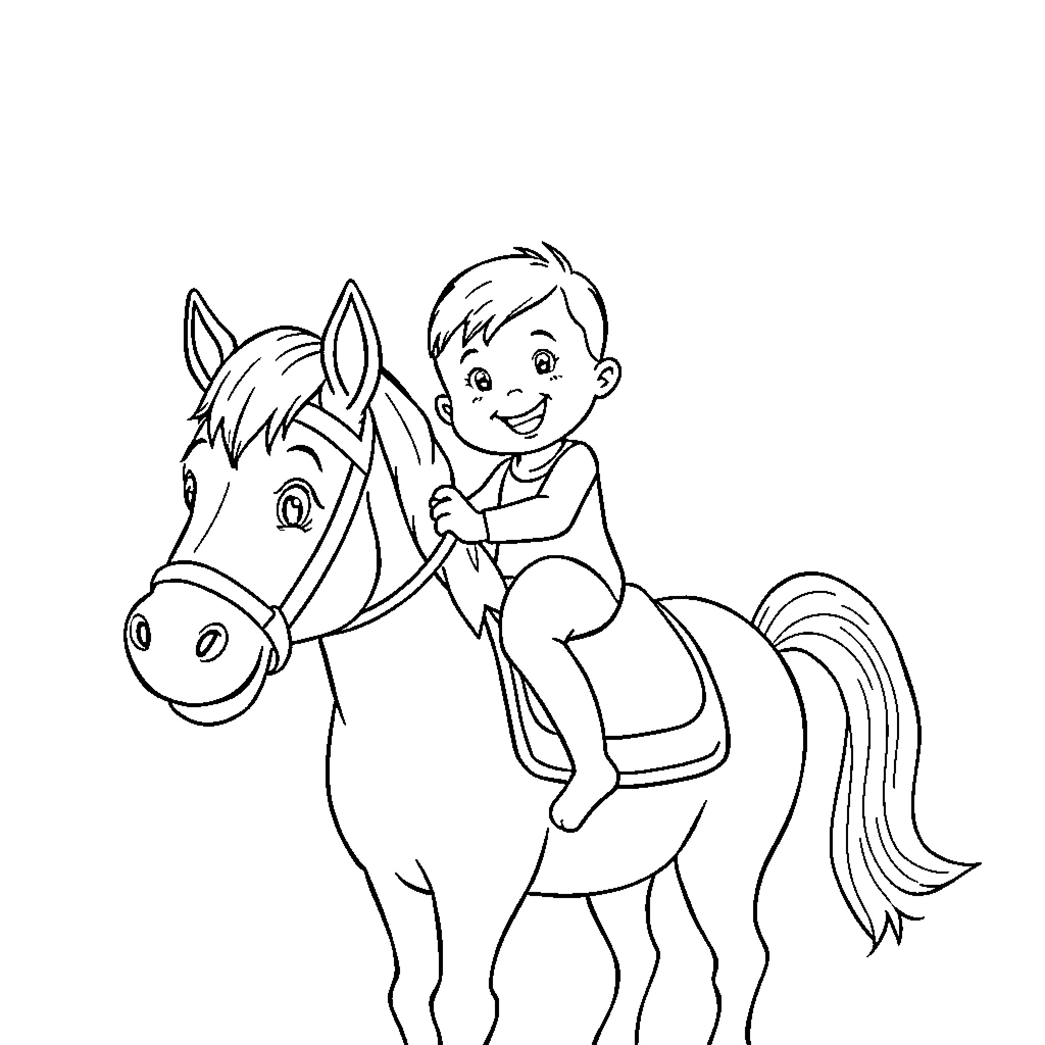 Baby riding a happy horse Coloring Page (free black-and-white line drawing printable PDF for all, from beginners to advanced learners, including children, teens, adults, and seniors)