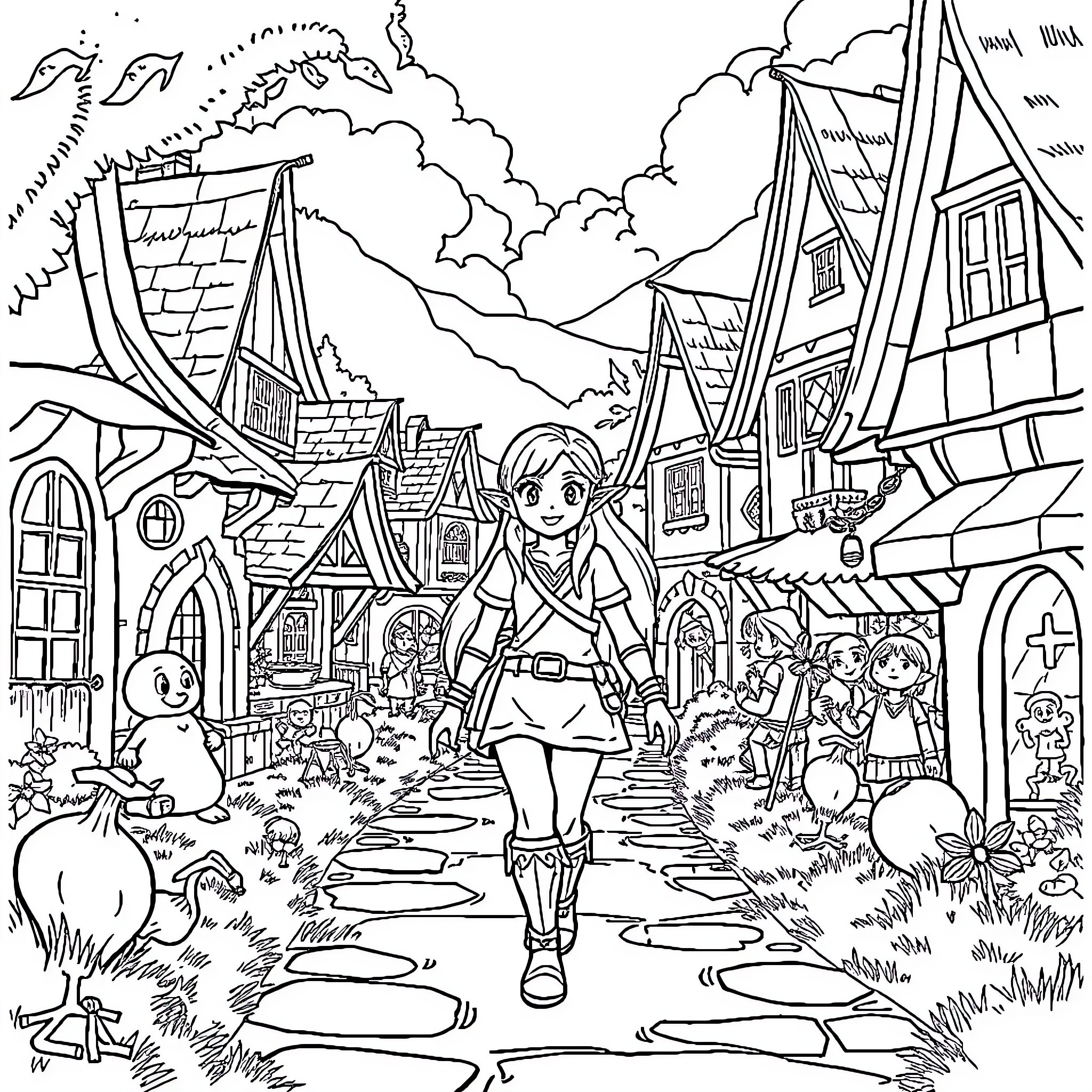 Zelda exploring the whimsical town in her adventure Coloring Page (free black-and-white line drawing printable PDF for all, from beginners to advanced learners, including children, teens, adults, and seniors)