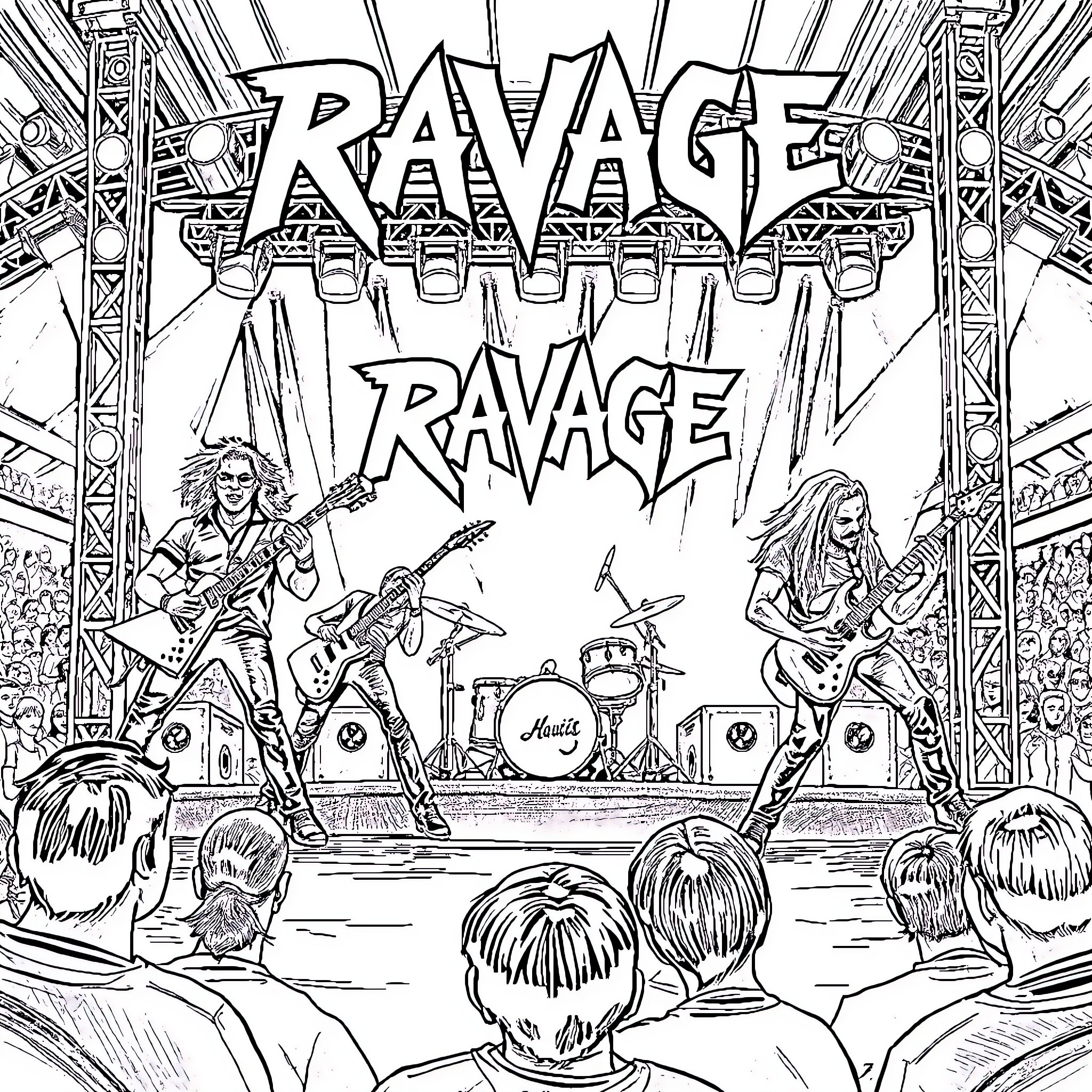 Band performing energetic rock music on stage Coloring Page (free black-and-white line drawing printable PDF for all, from beginners to advanced learners, including children, teens, adults, and seniors)