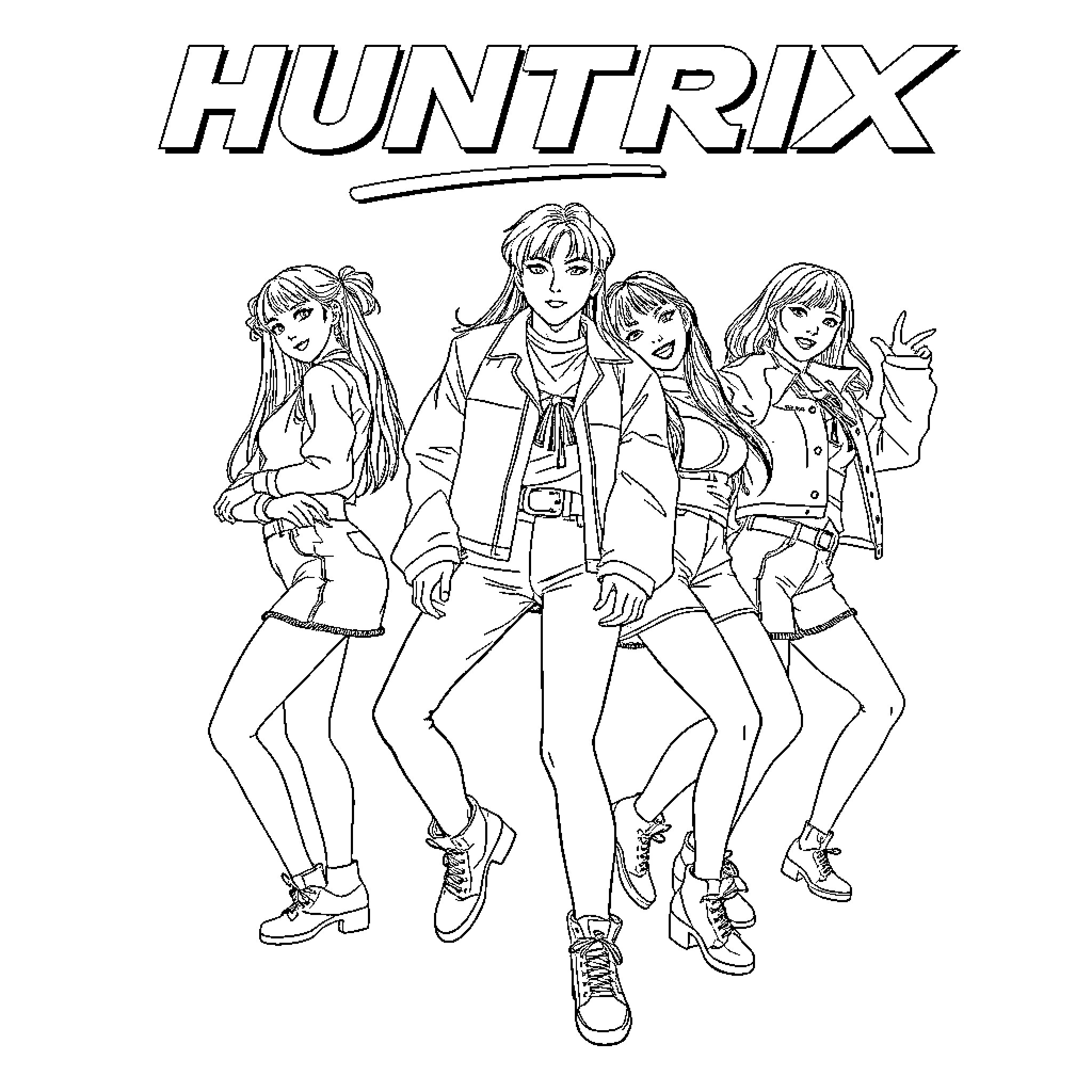 Huntrix squad posing in stylish outfits Coloring Page (free black-and-white line drawing printable PDF for all, from beginners to advanced learners, including children, teens, adults, and seniors)