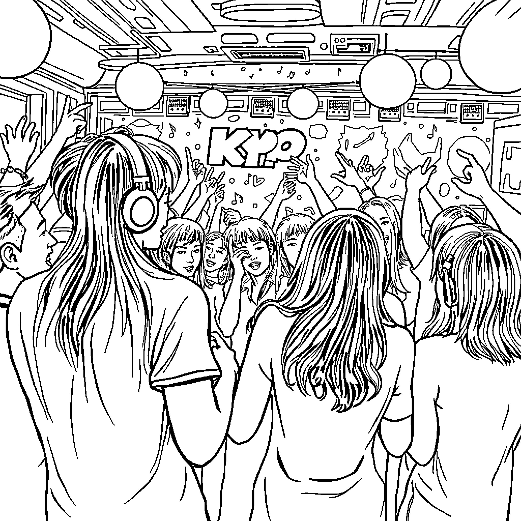 Kpop Concert Scene with Energetic Performers Coloring Page (free black-and-white line drawing printable PDF for all, from beginners to advanced learners, including children, teens, adults, and seniors)