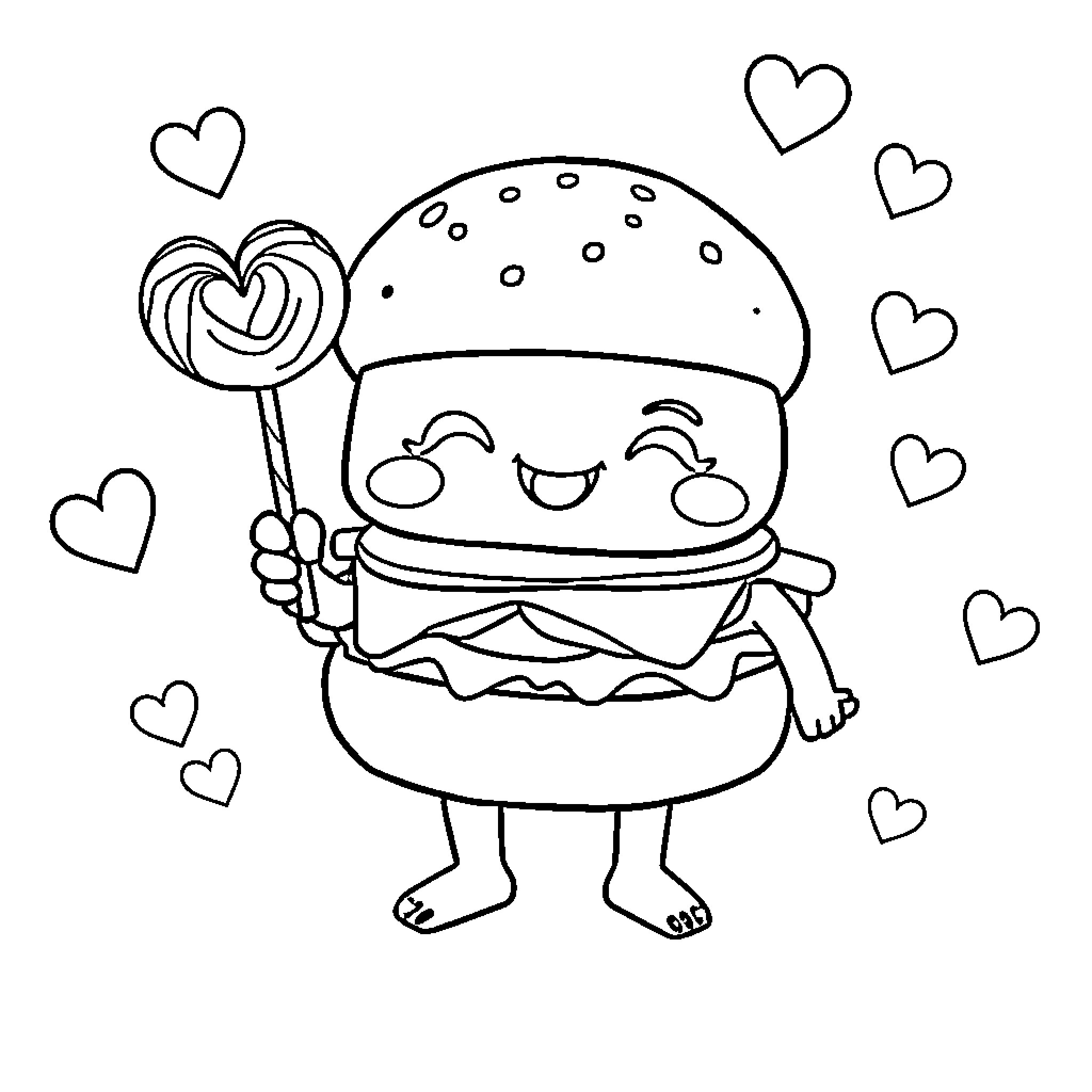 Burger character holding lollipop with hearts Coloring Page (free black-and-white line drawing printable PDF for all, from beginners to advanced learners, including children, teens, adults, and seniors)