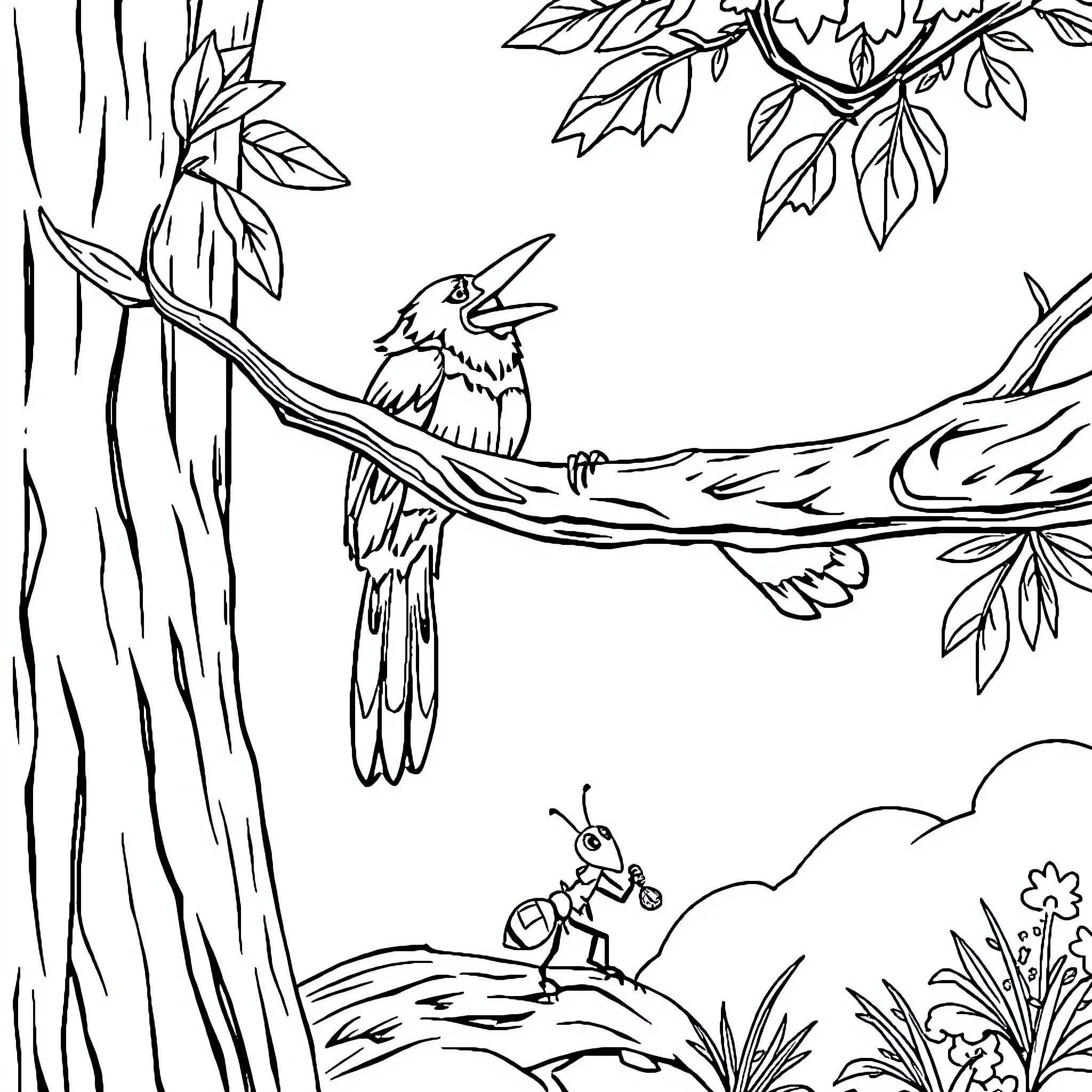 Crow perched on tree branch, observing ant on the ground Coloring Page (free black-and-white line drawing printable PDF for all, from beginners to advanced learners, including children, teens, adults, and seniors)