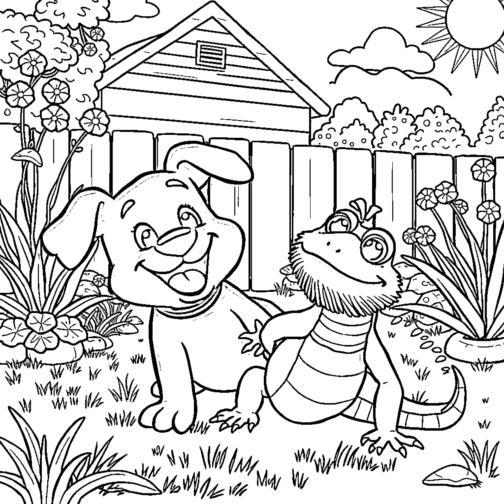 Bluey and friends have a playful day in the garden Coloring Page (free black-and-white line drawing printable PDF for all, from beginners to advanced learners, including children, teens, adults, and seniors)