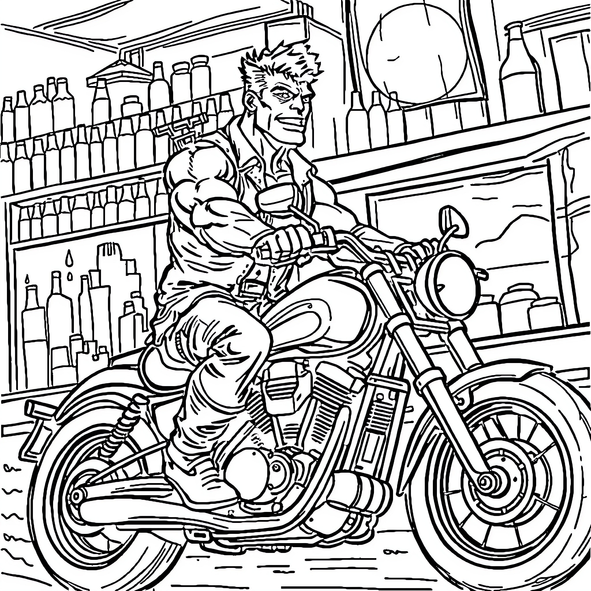 Barman riding motorcycle in a bar scene Coloring Page (free black-and-white line drawing printable PDF for all, from beginners to advanced learners, including children, teens, adults, and seniors)
