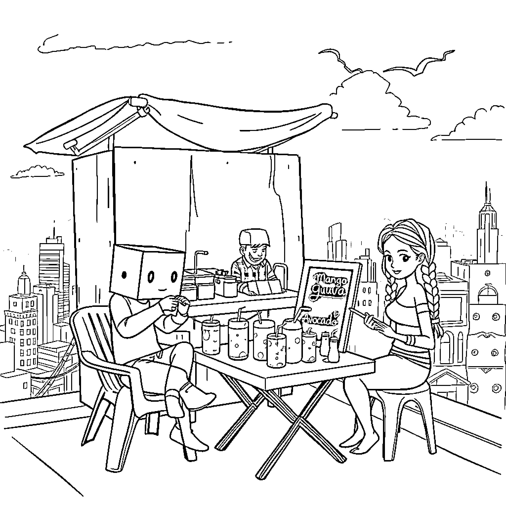 Pepe's Outdoor Market Encounter Coloring Page (free black-and-white line drawing printable PDF for all, from beginners to advanced learners, including children, teens, adults, and seniors)