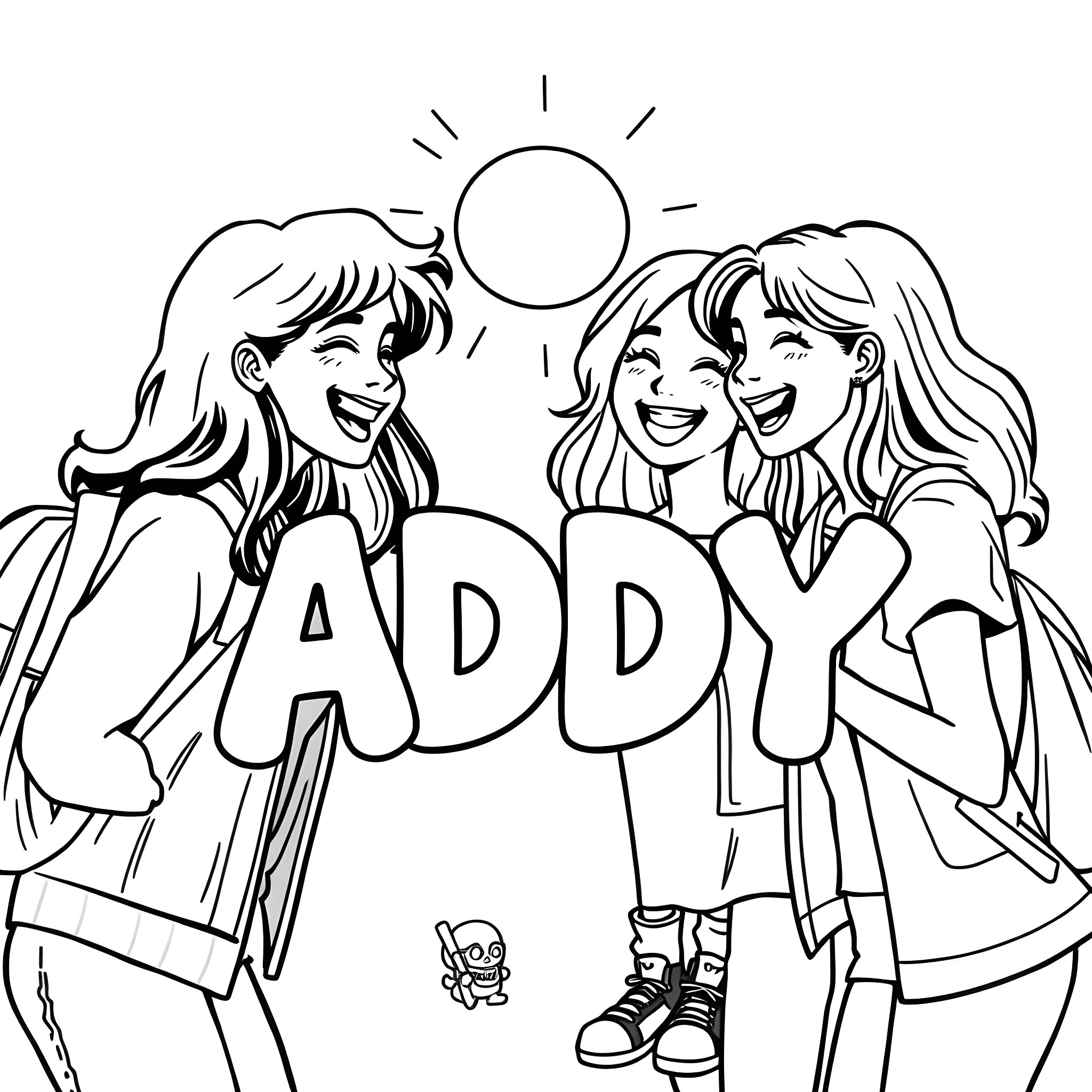 Name of three friends having fun together Coloring Page (free black-and-white line drawing printable PDF for all, from beginners to advanced learners, including children, teens, adults, and seniors)