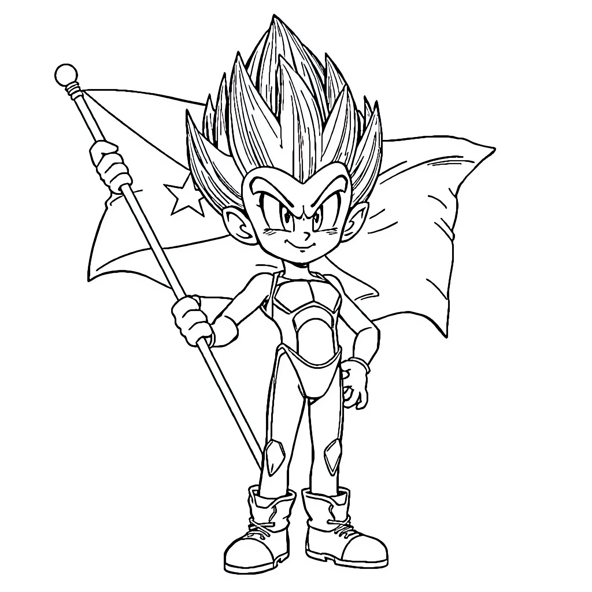 Vegeta in action pose with flag Coloring Page (free black-and-white line drawing printable PDF for all, from beginners to advanced learners, including children, teens, adults, and seniors)