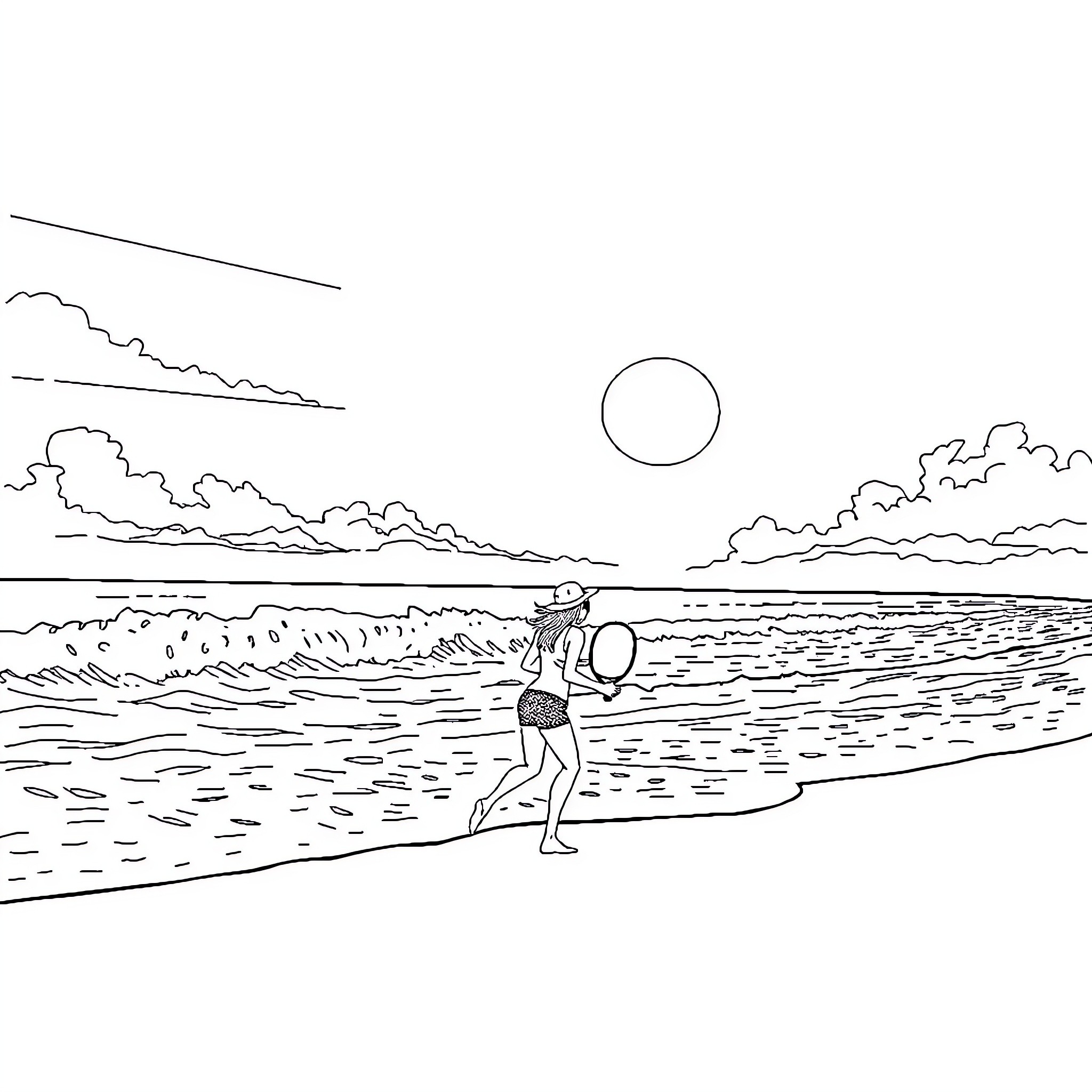 Padel Player enjoying a day at the beach Coloring Page (free black-and-white line drawing printable PDF for all, from beginners to advanced learners, including children, teens, adults, and seniors)