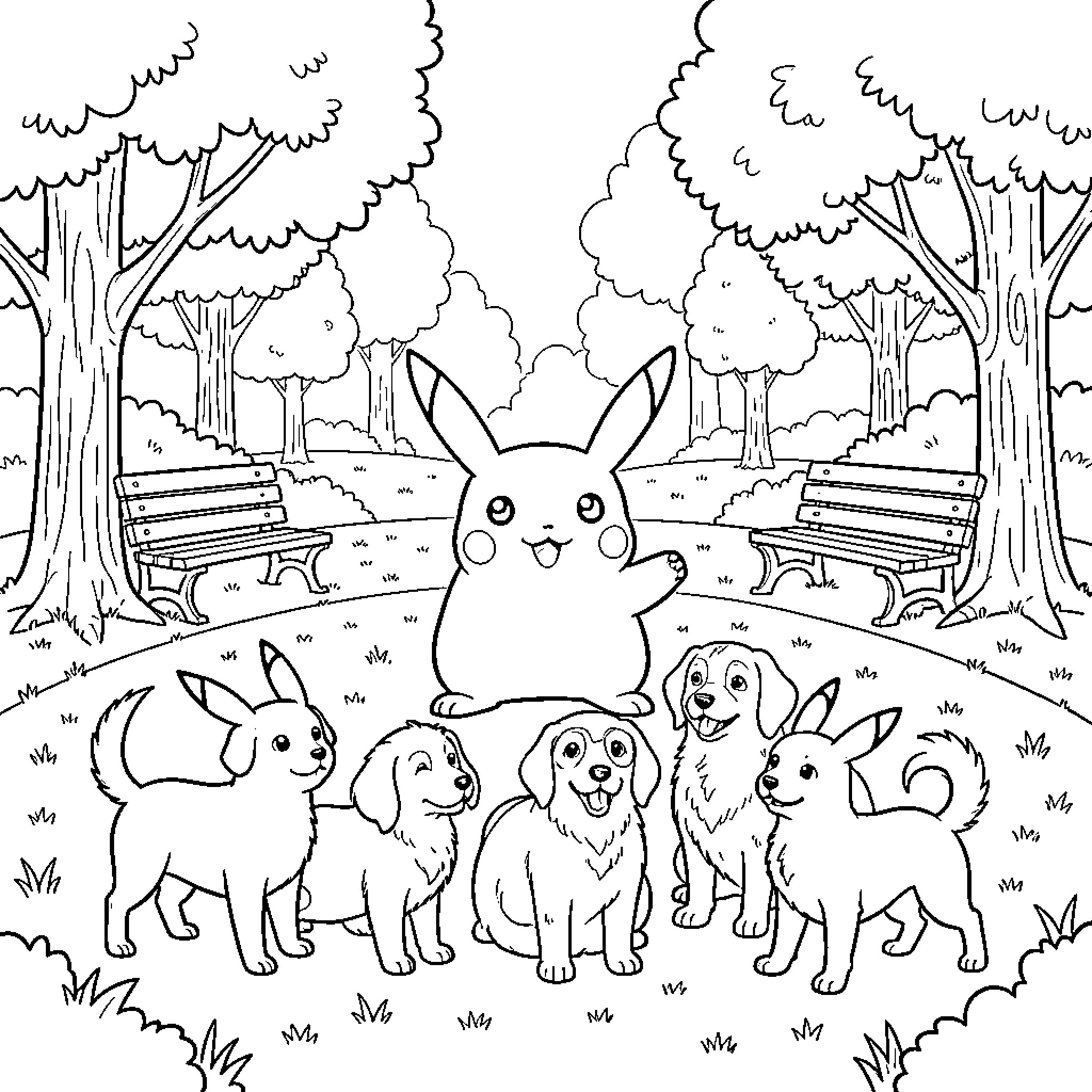 Pikachu waving happily at a group of small dogs Coloring Page (free black-and-white line drawing printable PDF for all, from beginners to advanced learners, including children, teens, adults, and seniors)