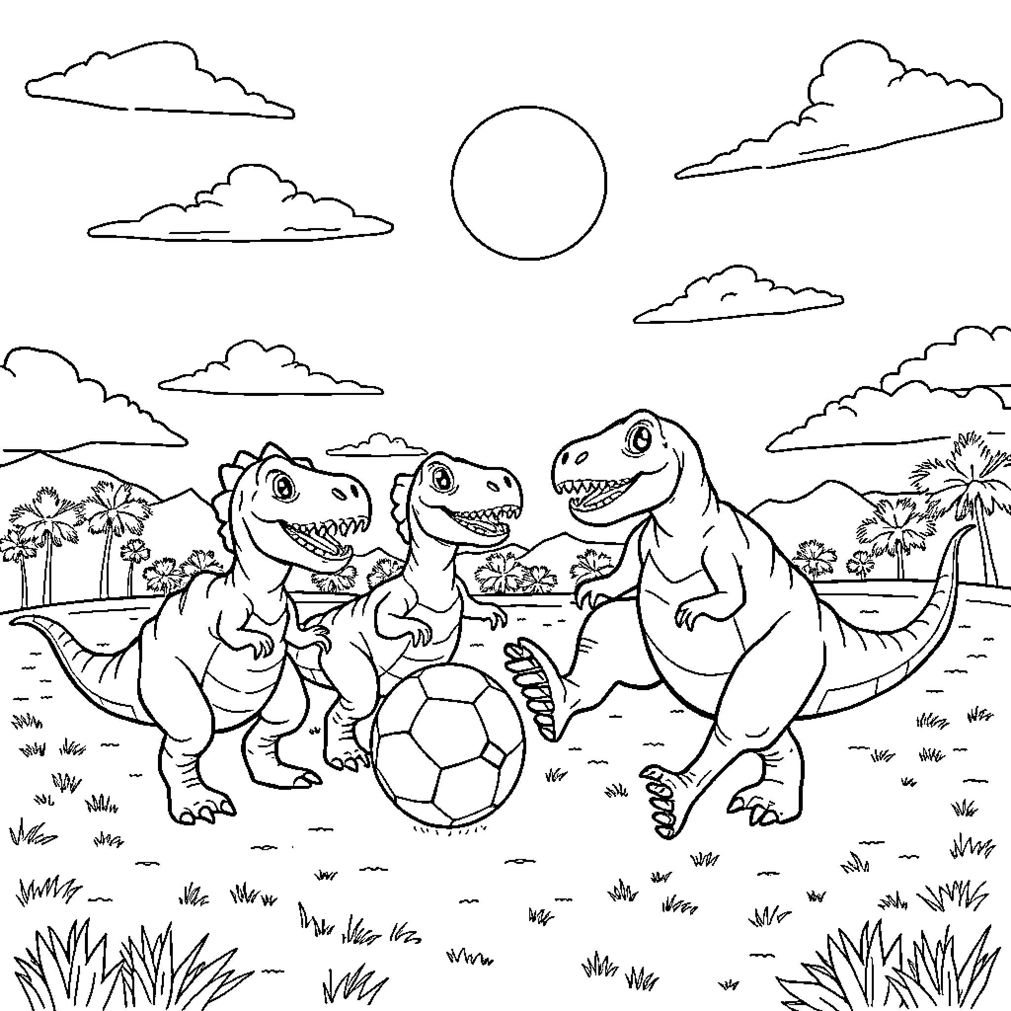 Dinosaurs playing with soccer ball in scenic landscape Coloring Page (free black-and-white line drawing printable PDF for all, from beginners to advanced learners, including children, teens, adults, and seniors)