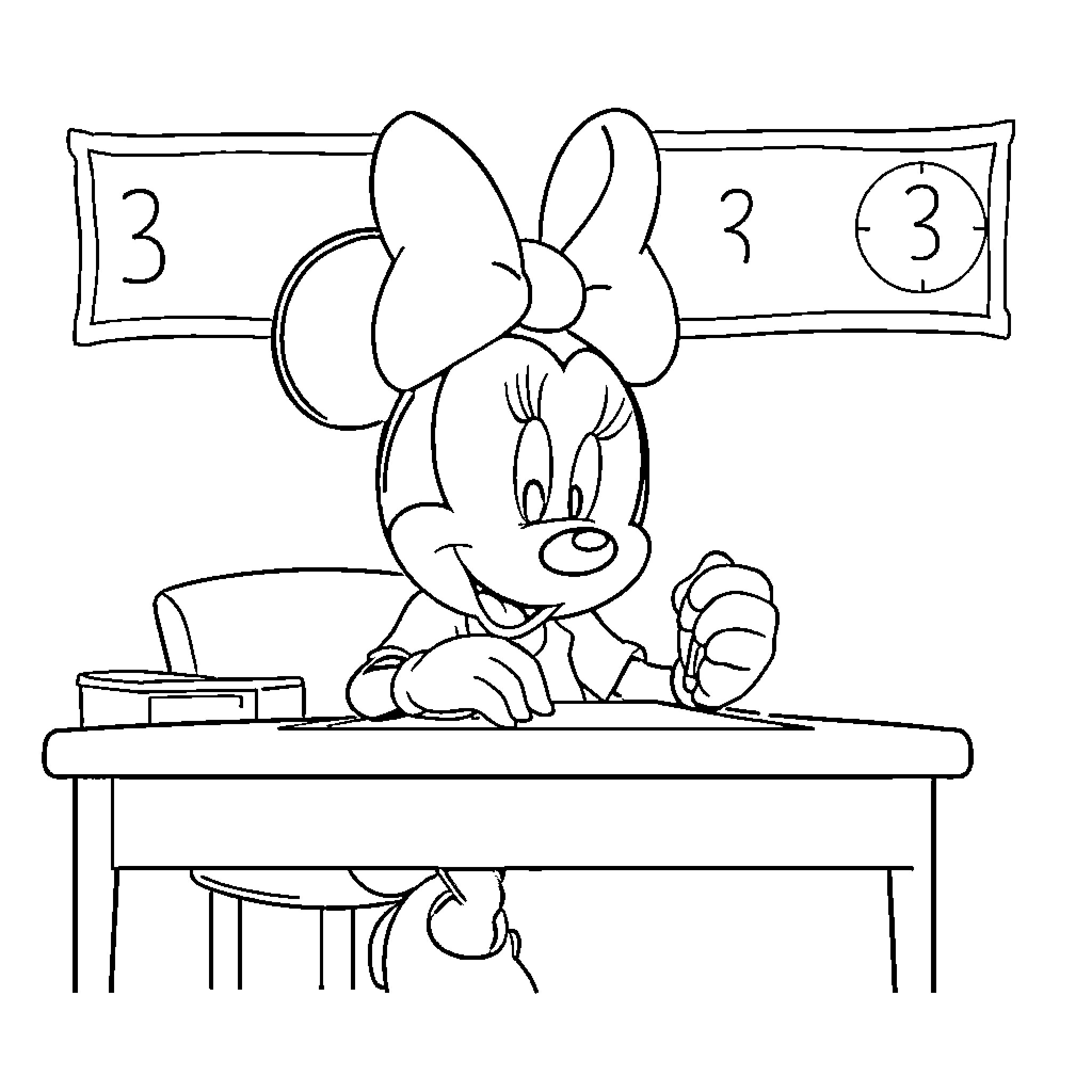 Minnie at her desk with numbers Coloring Page (free black-and-white line drawing printable PDF for all, from beginners to advanced learners, including children, teens, adults, and seniors)