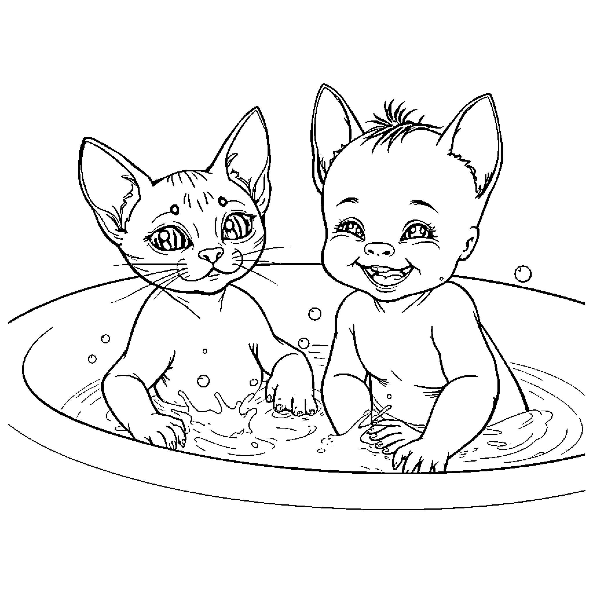 Cat and child playing together in a puddle Coloring Page (free black-and-white line drawing printable PDF for all, from beginners to advanced learners, including children, teens, adults, and seniors)