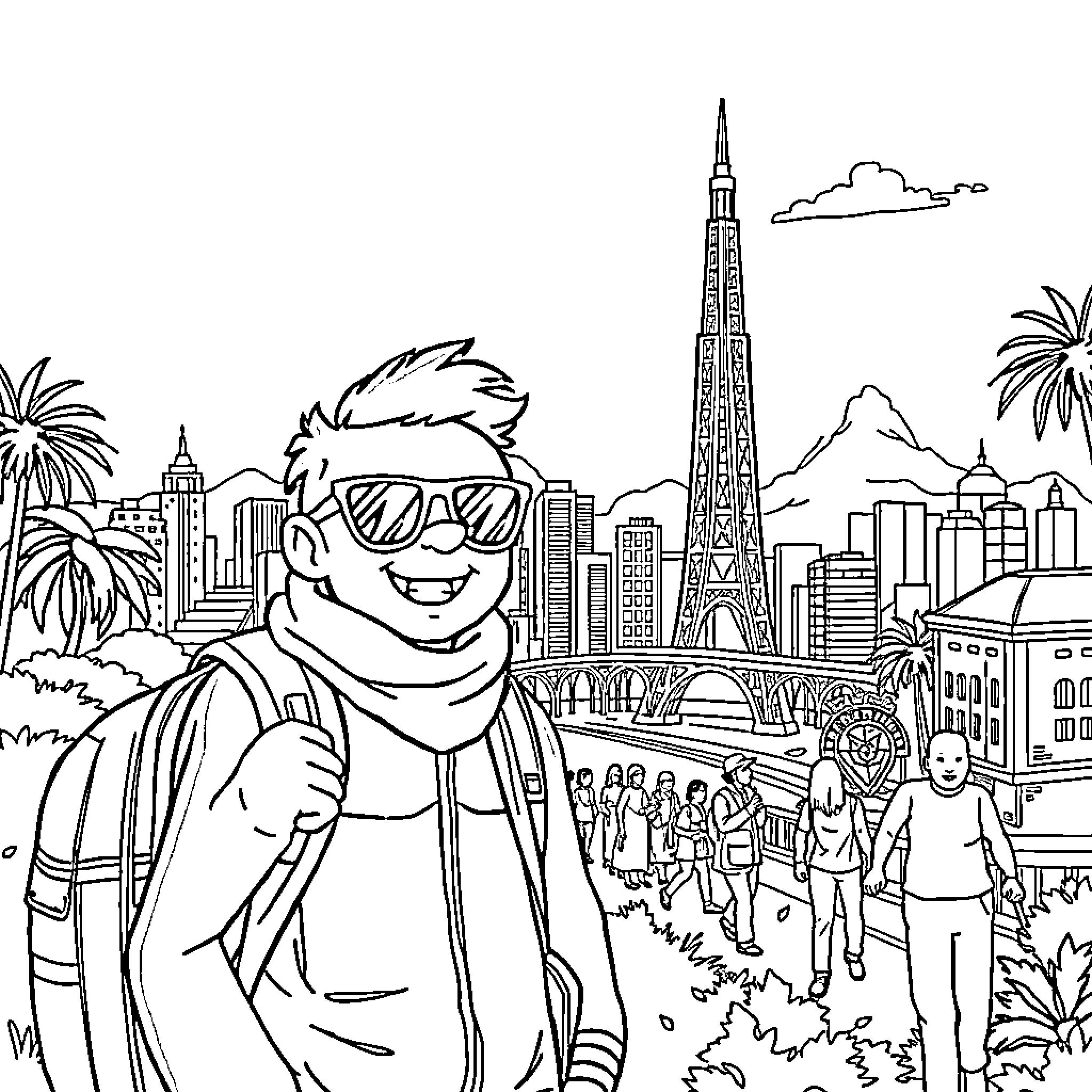 Bluey's Exciting Adventure in a Bustling City Coloring Page (free black-and-white line drawing printable PDF for all, from beginners to advanced learners, including children, teens, adults, and seniors)
