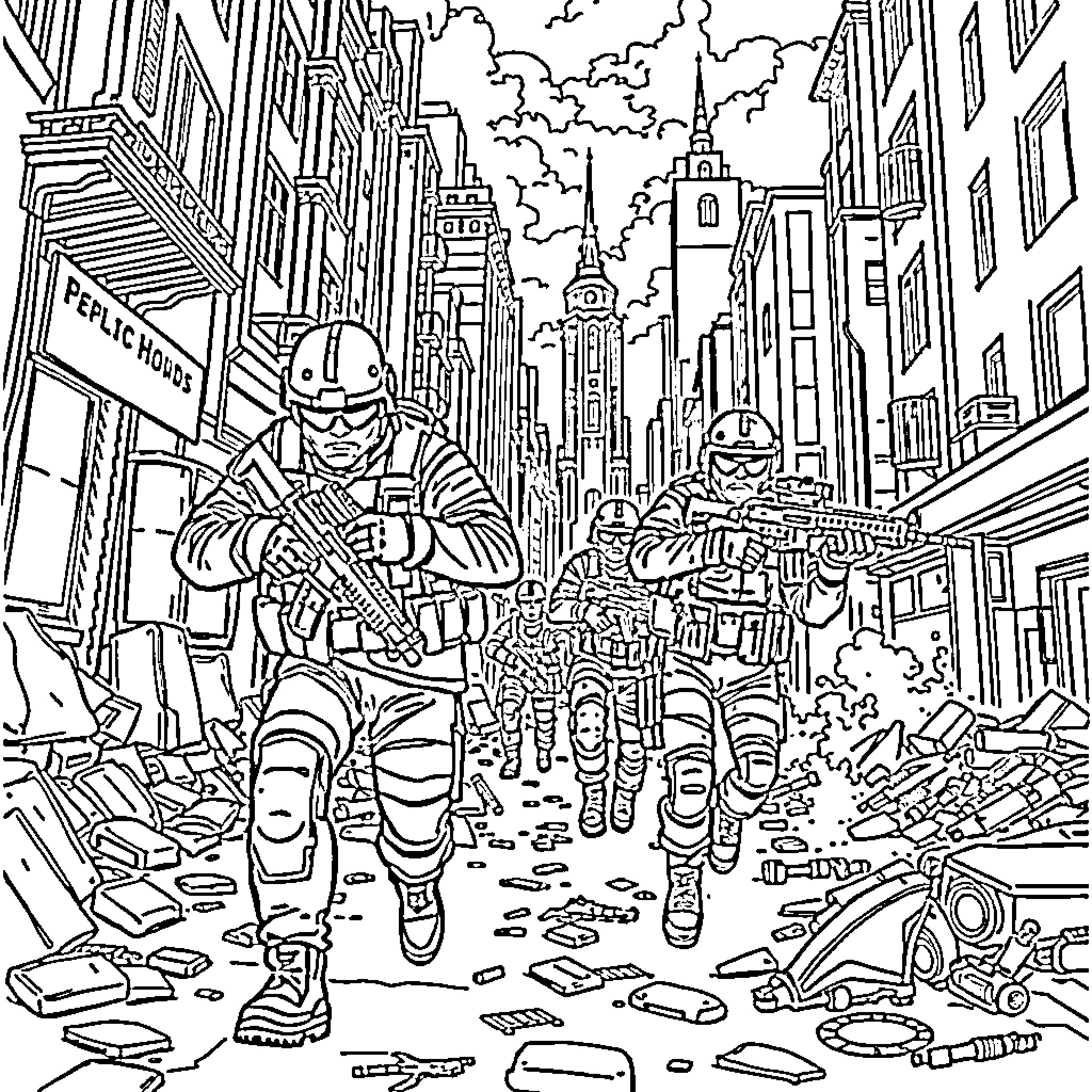 Call of Duty Ghost: Soldiers in Combat Amid Urban Chaos Coloring Page (free black-and-white line drawing printable PDF for all, from beginners to advanced learners, including children, teens, adults, and seniors)