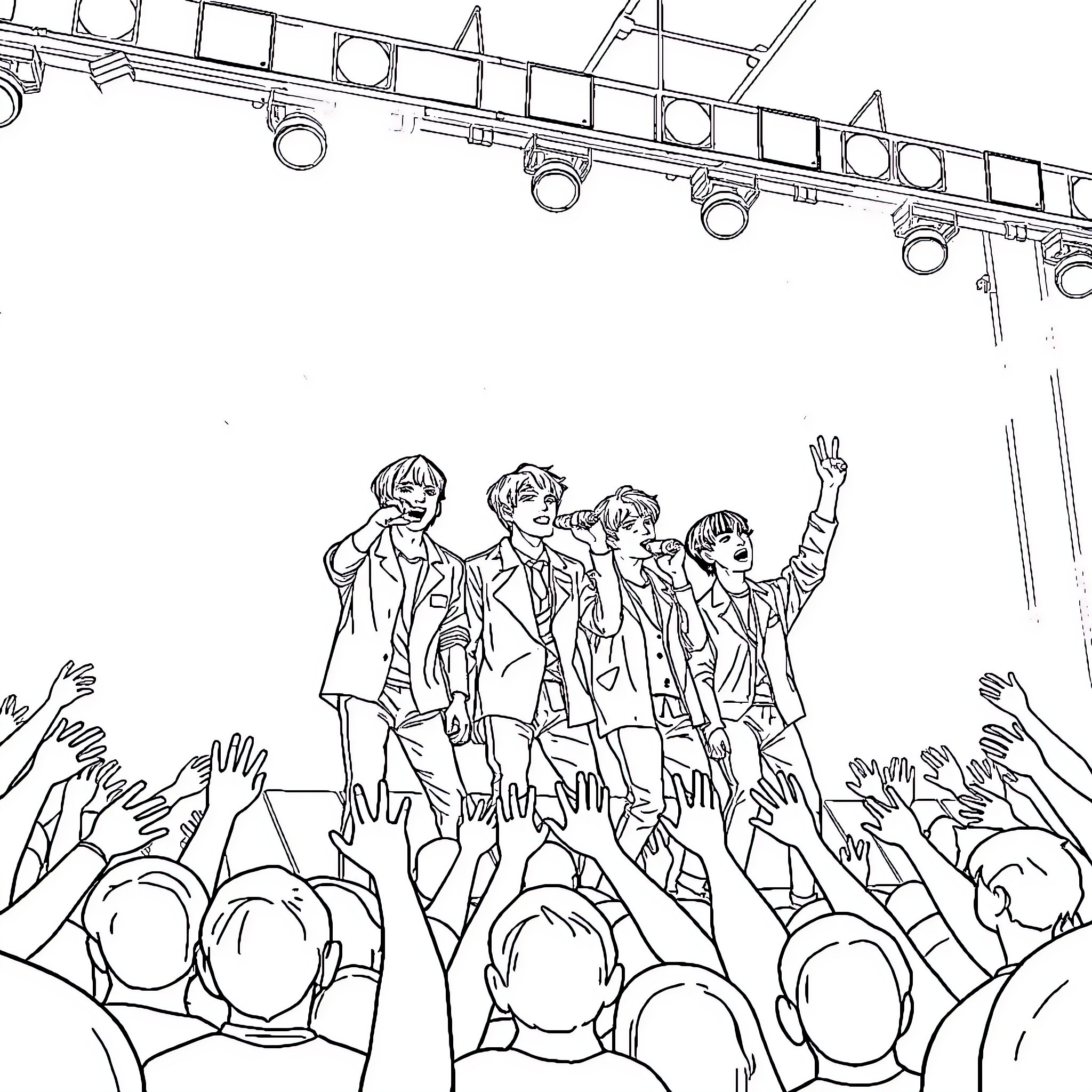 Bangtan Boys on Stage Engaging with Fans Coloring Page (free black-and-white line drawing printable PDF for all, from beginners to advanced learners, including children, teens, adults, and seniors)