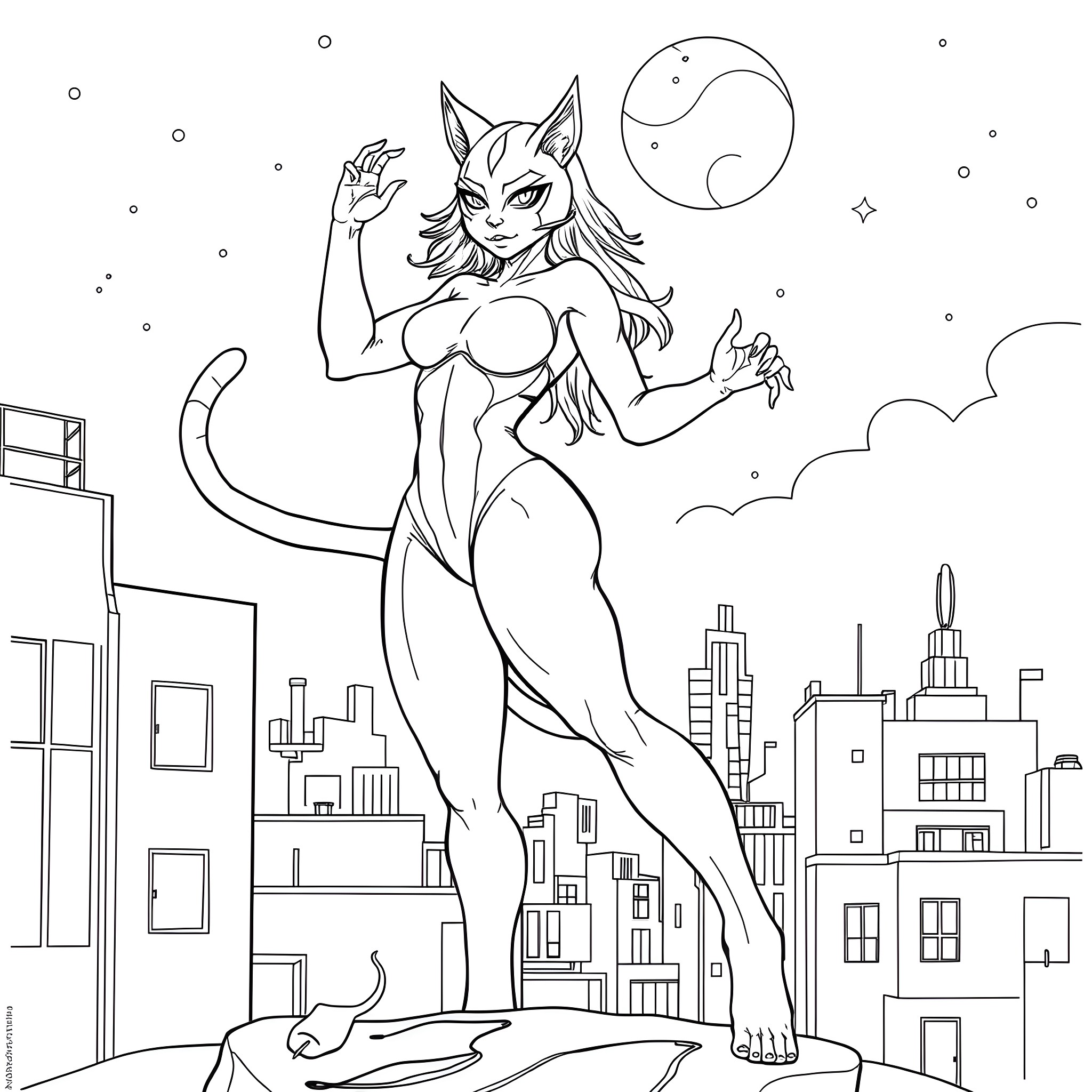Cat Woman Strikes a Powerful Pose in the City Skyline Coloring Page (free black-and-white line drawing printable PDF for all, from beginners to advanced learners, including children, teens, adults, and seniors)