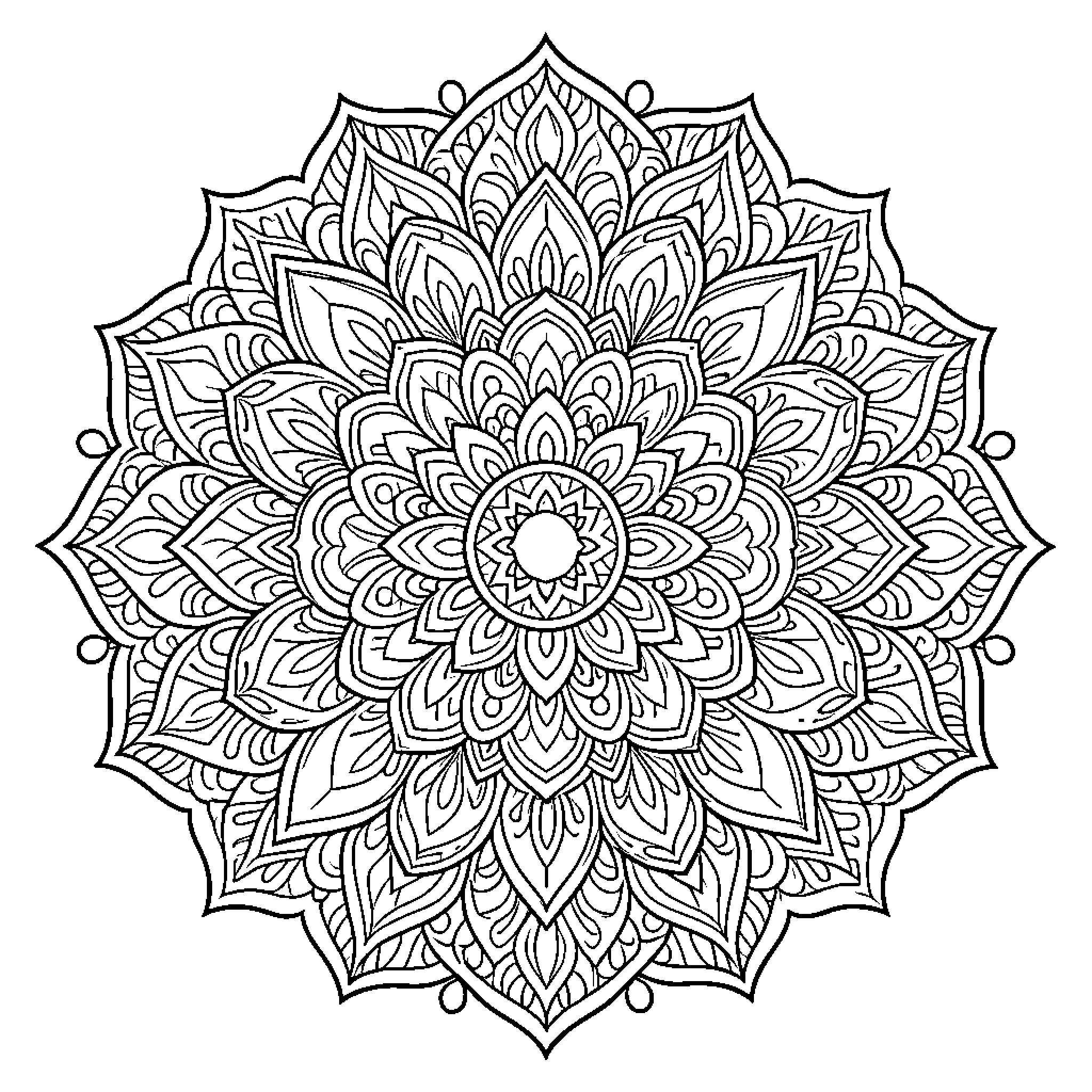 Mandala of intricate floral patterns Coloring Page (free black-and-white line drawing printable PDF for all, from beginners to advanced learners, including children, teens, adults, and seniors)