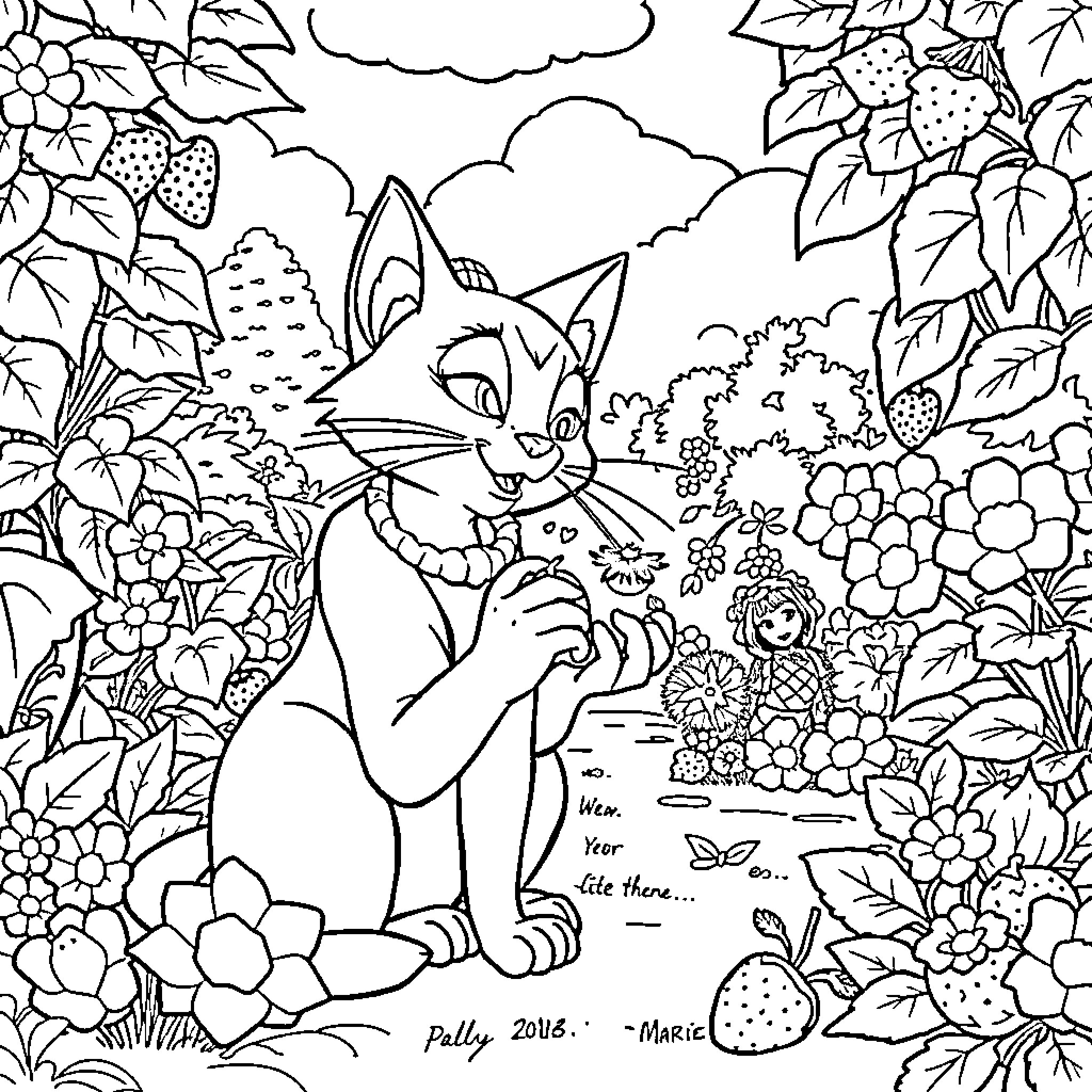 Marie's Whimsical Garden Adventure Coloring Page (free black-and-white line drawing printable PDF for all, from beginners to advanced learners, including children, teens, adults, and seniors)