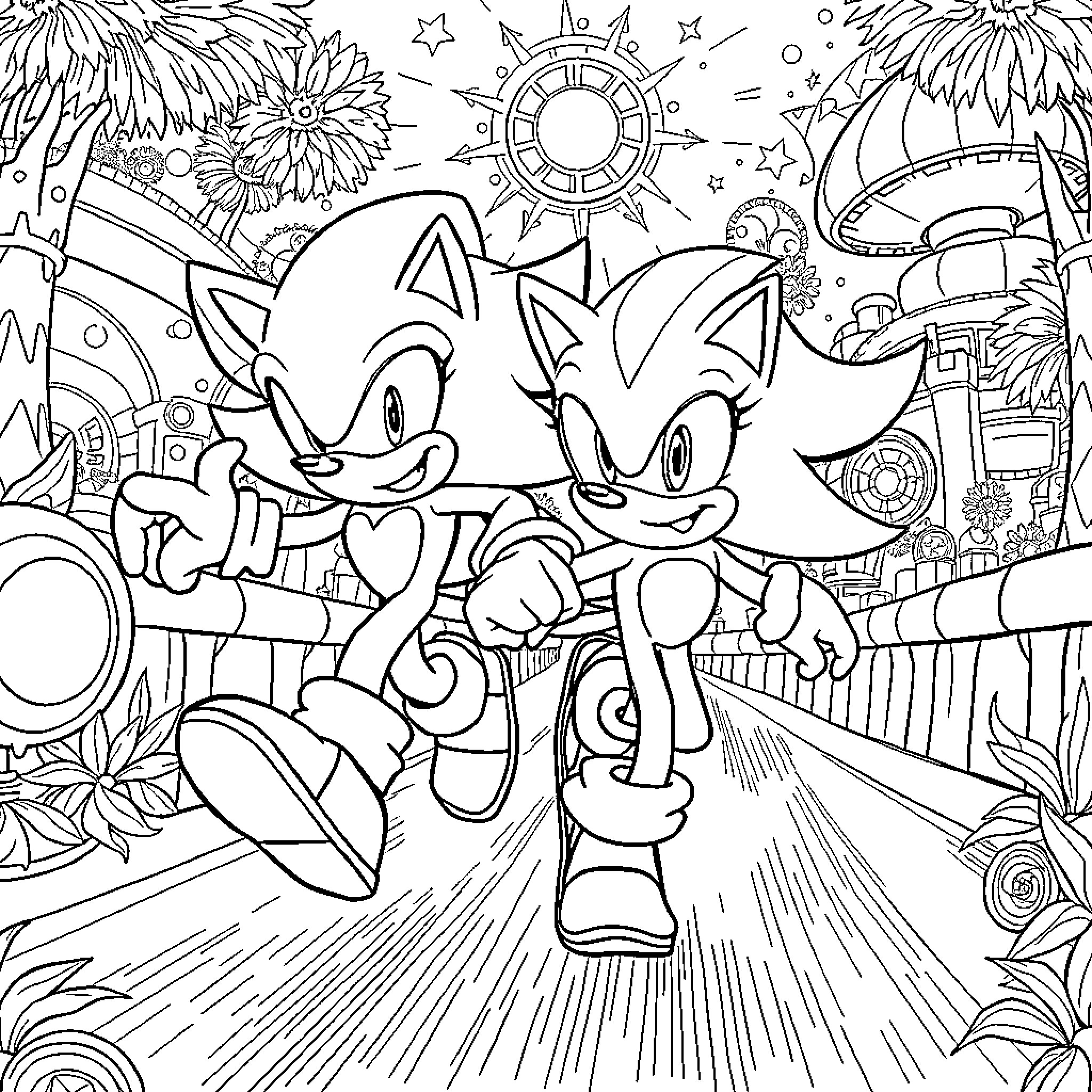 Sonic and Friends in a Whimsical Adventure Coloring Page (free black-and-white line drawing printable PDF for all, from beginners to advanced learners, including children, teens, adults, and seniors)