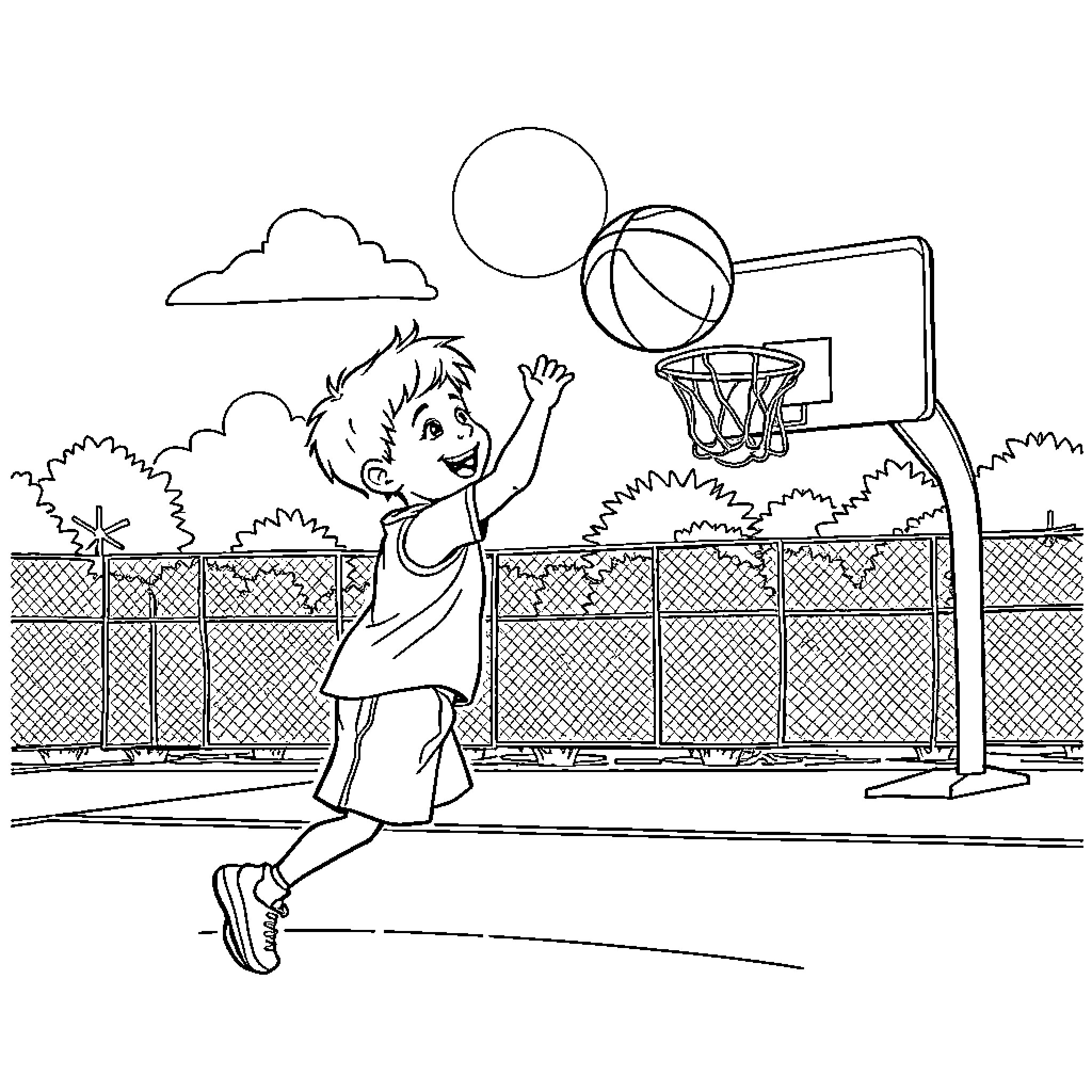 Chris playing basketball outdoors on a sunny day Coloring Page (free black-and-white line drawing printable PDF for all, from beginners to advanced learners, including children, teens, adults, and seniors)