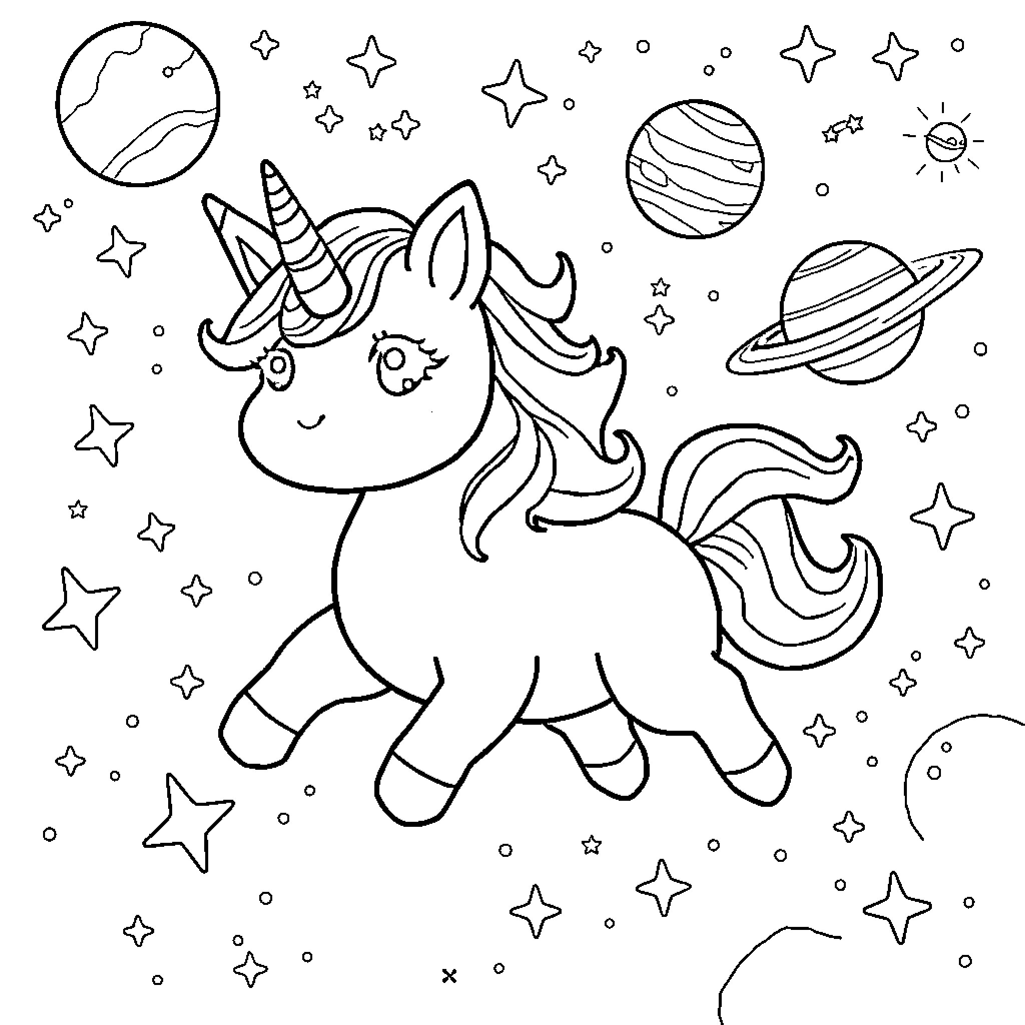 Unicorn Cat exploring the cosmic universe Coloring Page (free black-and-white line drawing printable PDF for all, from beginners to advanced learners, including children, teens, adults, and seniors)