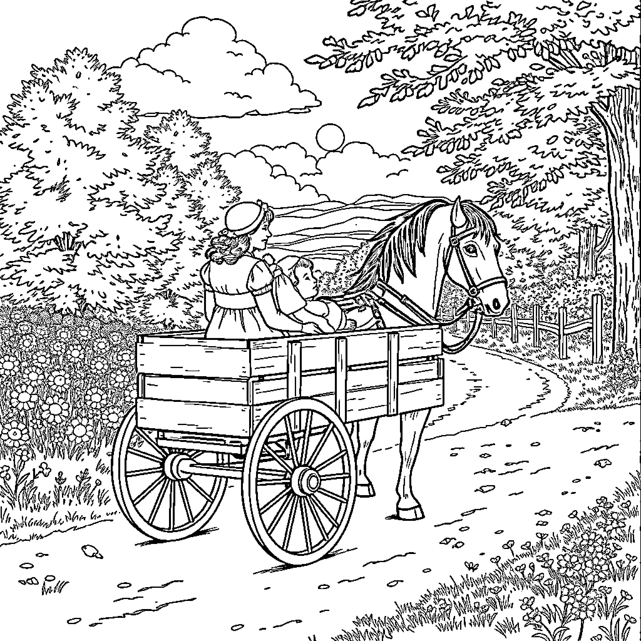 Horse-drawn wagon on a countryside path Coloring Page (free black-and-white line drawing printable PDF for all, from beginners to advanced learners, including children, teens, adults, and seniors)