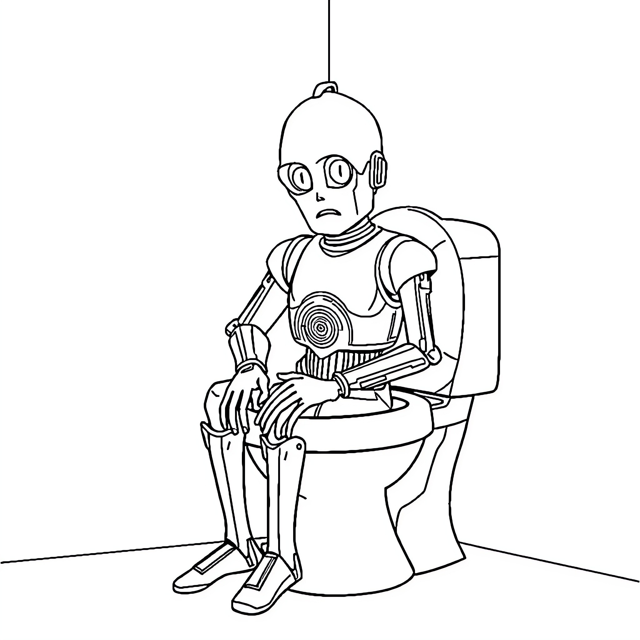 C-3PO sitting uncomfortably on a toilet Coloring Page (free black-and-white line drawing printable PDF for all, from beginners to advanced learners, including children, teens, adults, and seniors)