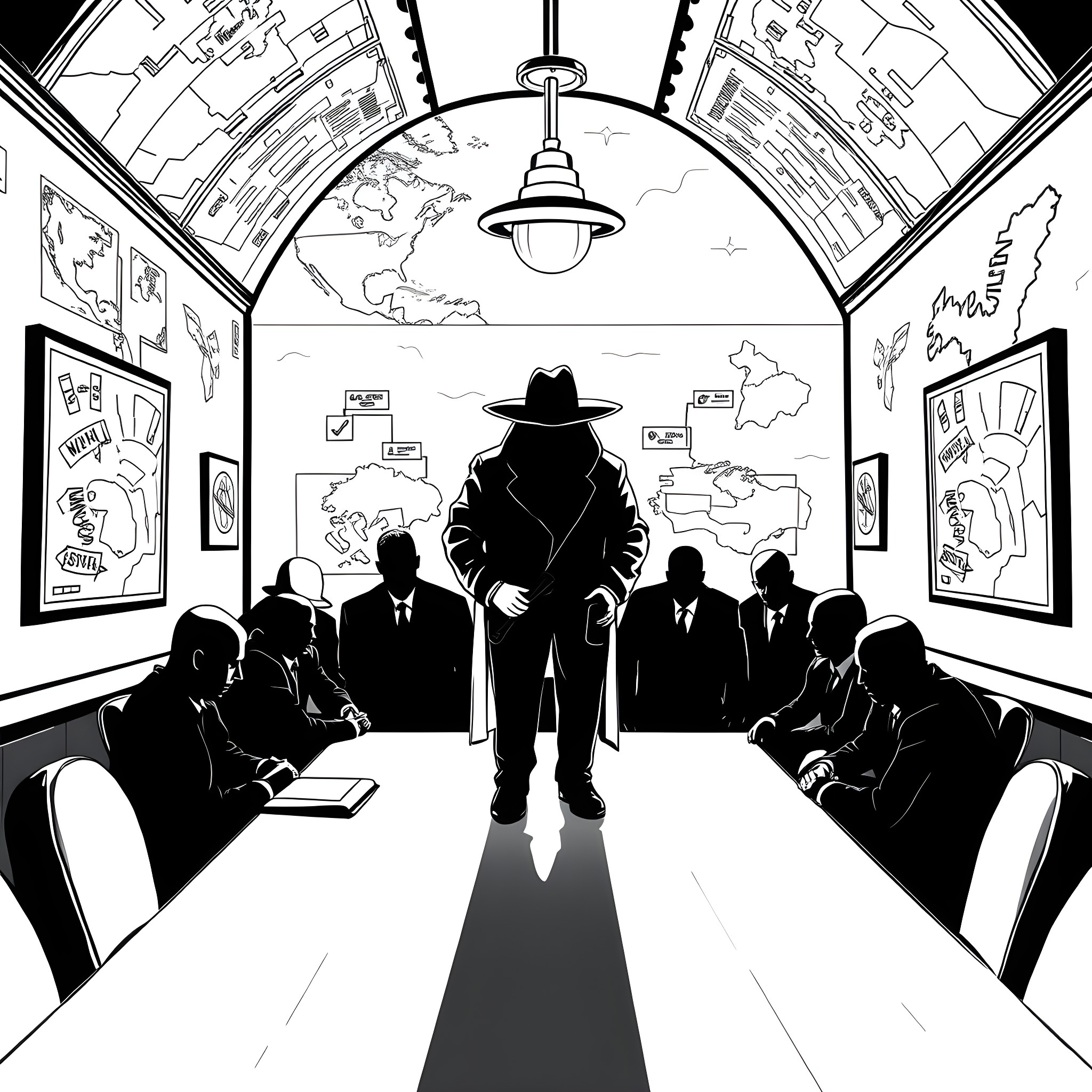 El Chapo's Courtroom Drama: Silhouettes in a Shadowy Trial Coloring Page (free black-and-white line drawing printable PDF for all, from beginners to advanced learners, including children, teens, adults, and seniors)