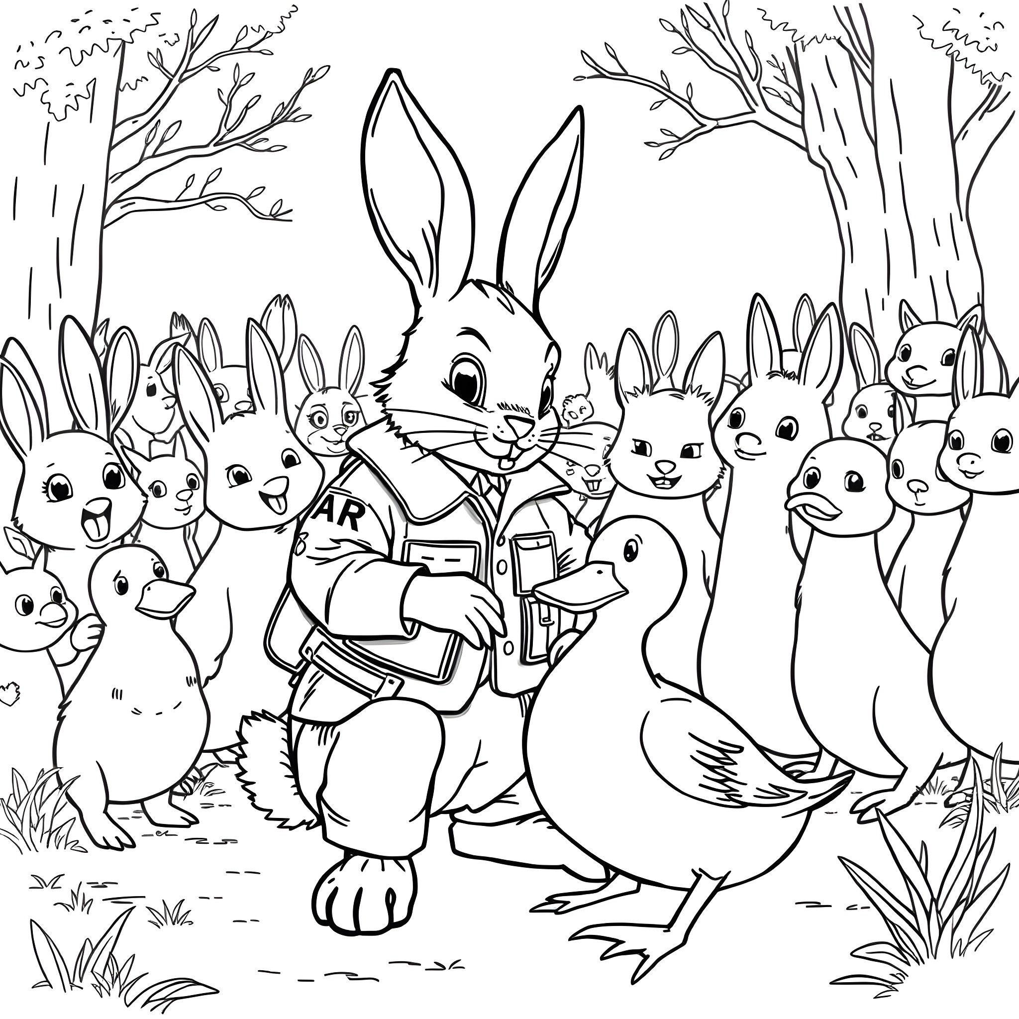 Rabbit family in the forest Coloring Page (free black-and-white line drawing printable PDF for all, from beginners to advanced learners, including children, teens, adults, and seniors)