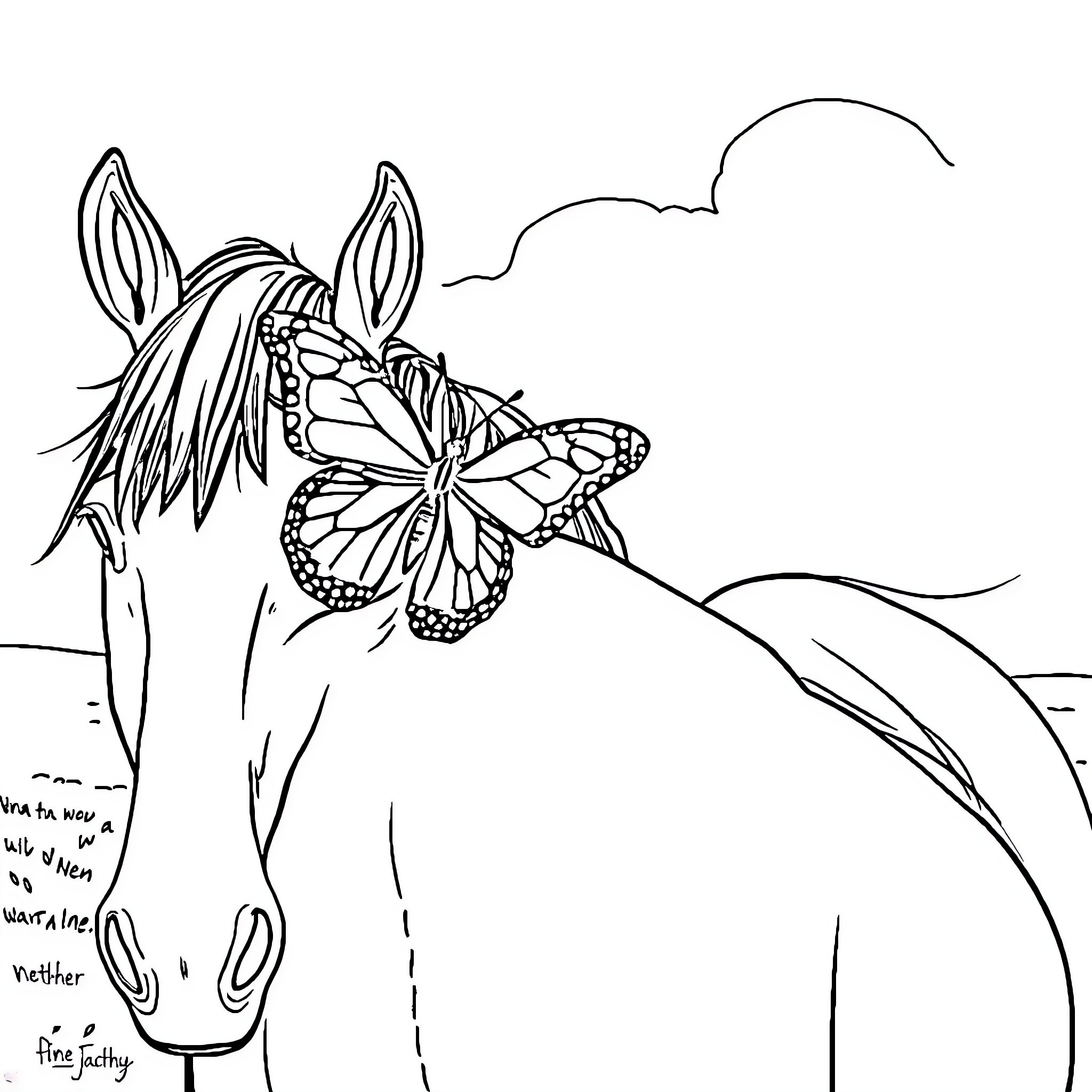 Butterfly resting on a horse's mane Coloring Page (free black-and-white line drawing printable PDF for all, from beginners to advanced learners, including children, teens, adults, and seniors)