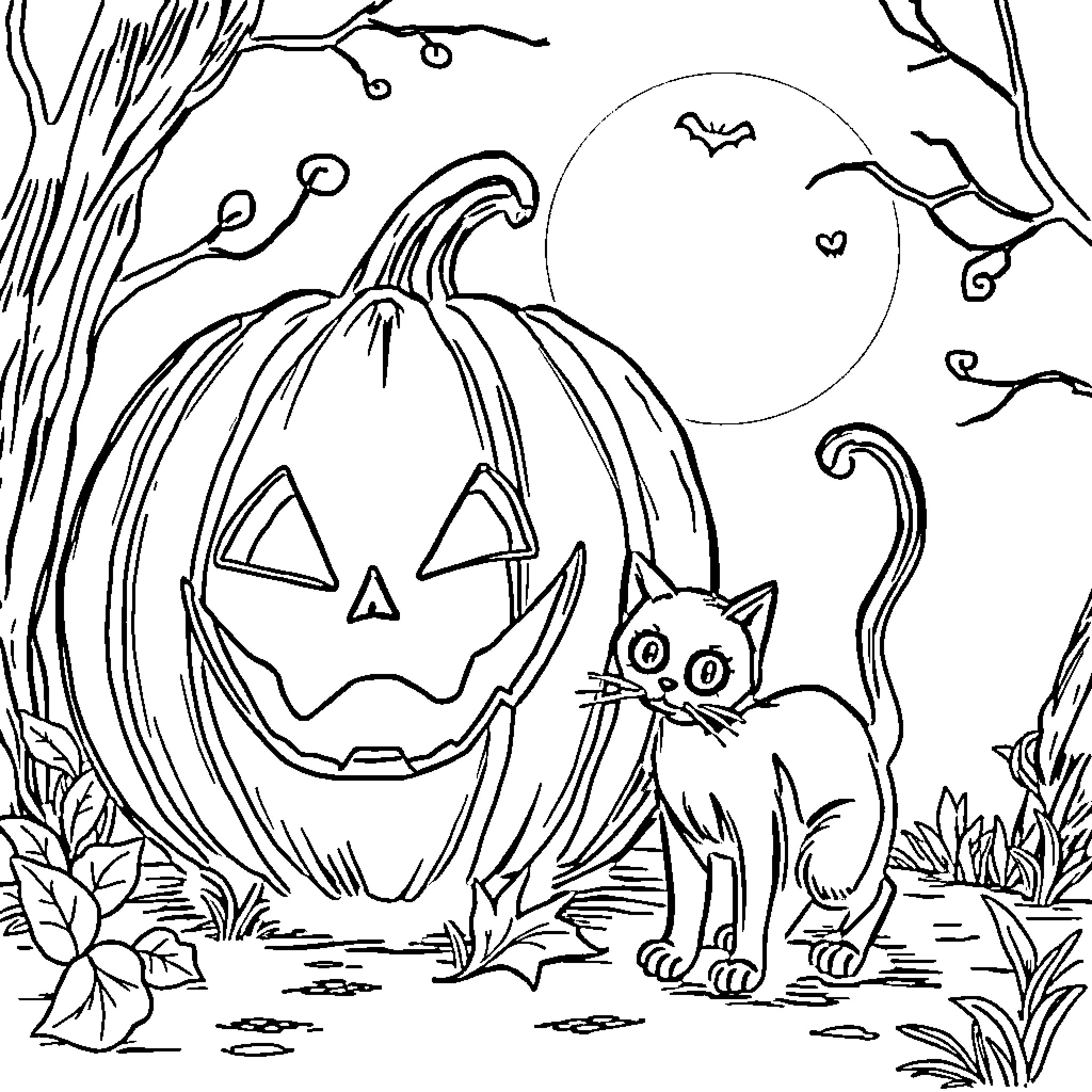 Jack-o'-lantern and black cat in spooky forest Coloring Page (free black-and-white line drawing printable PDF for all, from beginners to advanced learners, including children, teens, adults, and seniors)