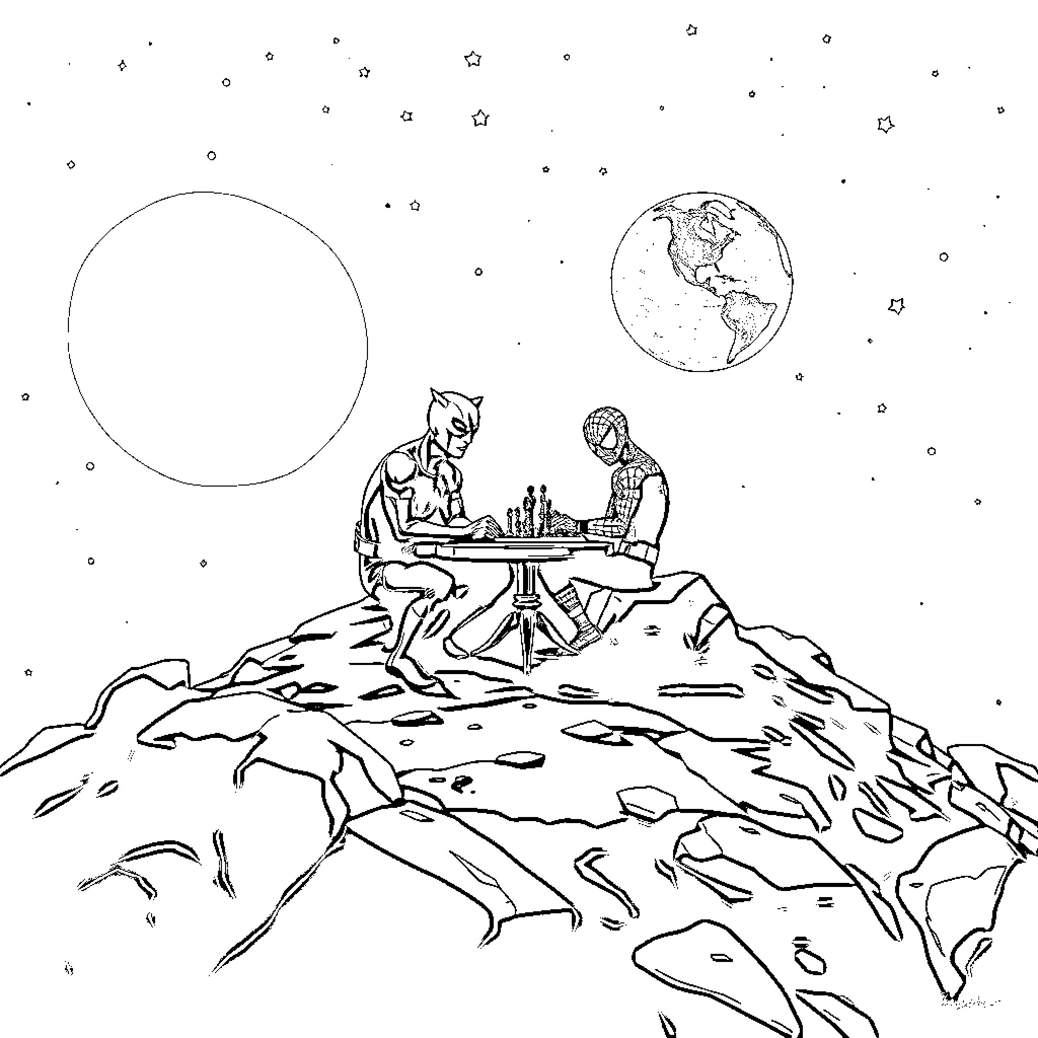 Daredevil chess match under the starry night sky Coloring Page (free black-and-white line drawing printable PDF for all, from beginners to advanced learners, including children, teens, adults, and seniors)
