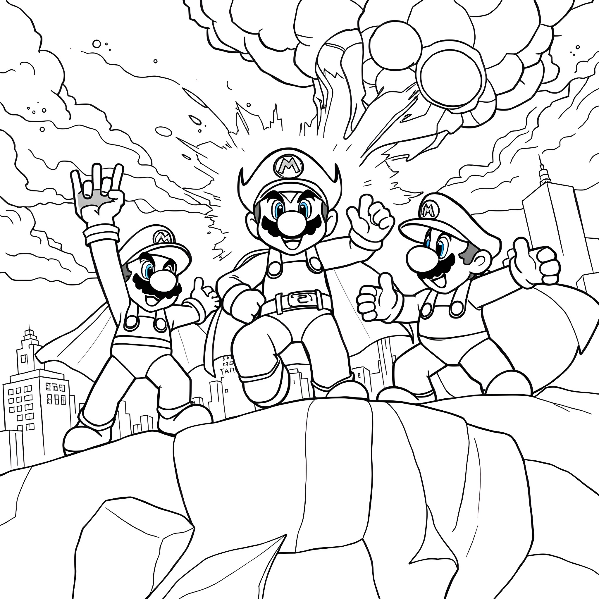 Mario and Friends Celebrating in an Adventurous Scene Coloring Page (free black-and-white line drawing printable PDF for all, from beginners to advanced learners, including children, teens, adults, and seniors)