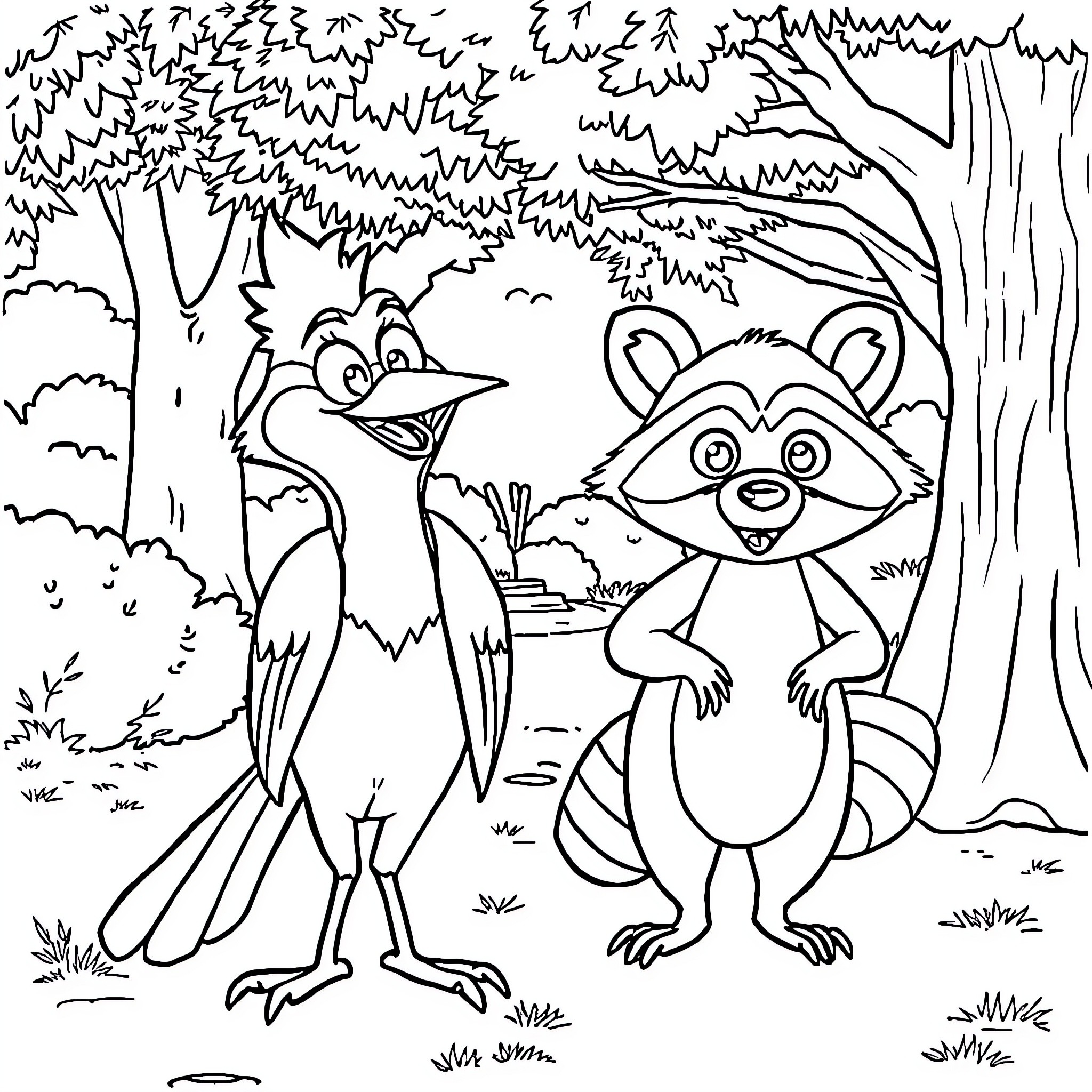 Mordecai and Raccoon in Whimsical Forest Scene Coloring Page (free black-and-white line drawing printable PDF for all, from beginners to advanced learners, including children, teens, adults, and seniors)