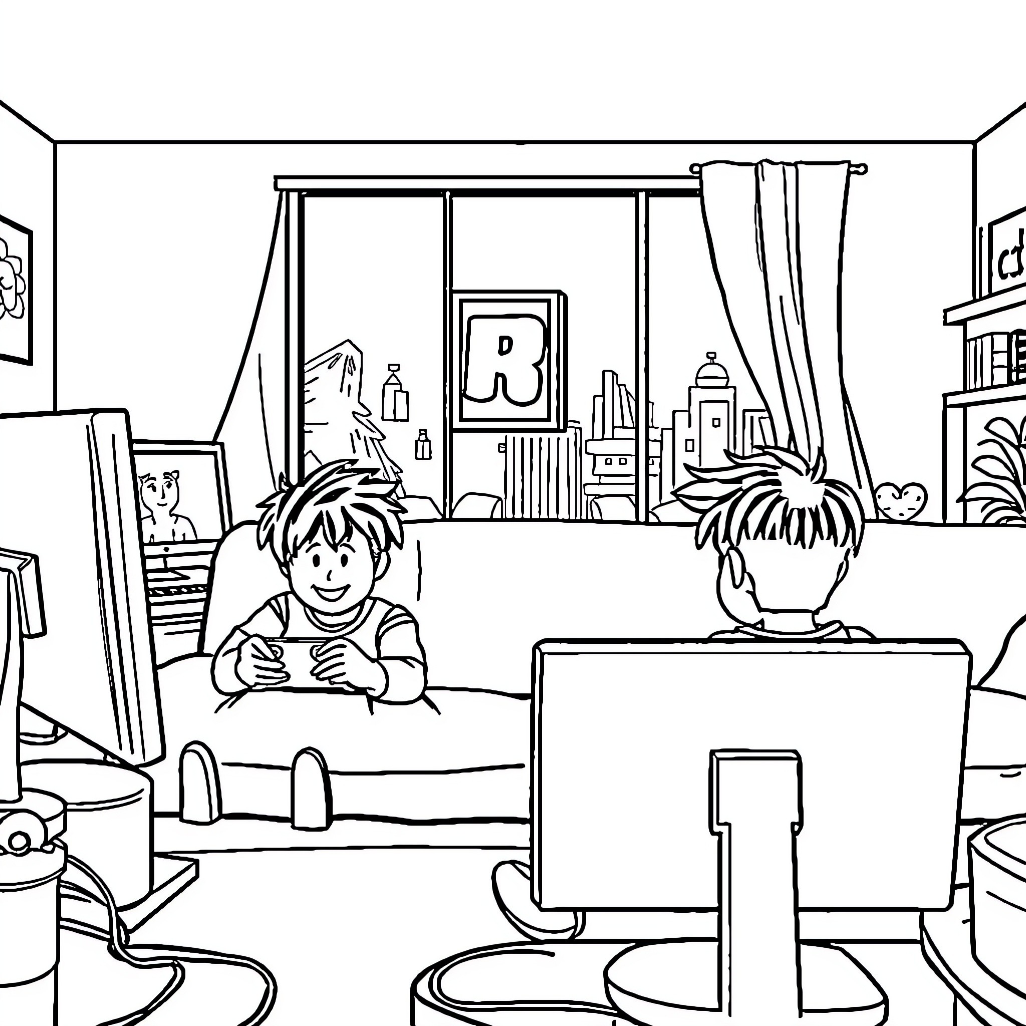 Niño jugando videojuegos en la habitación Coloring Page (free black-and-white line drawing printable PDF for all, from beginners to advanced learners, including children, teens, adults, and seniors)