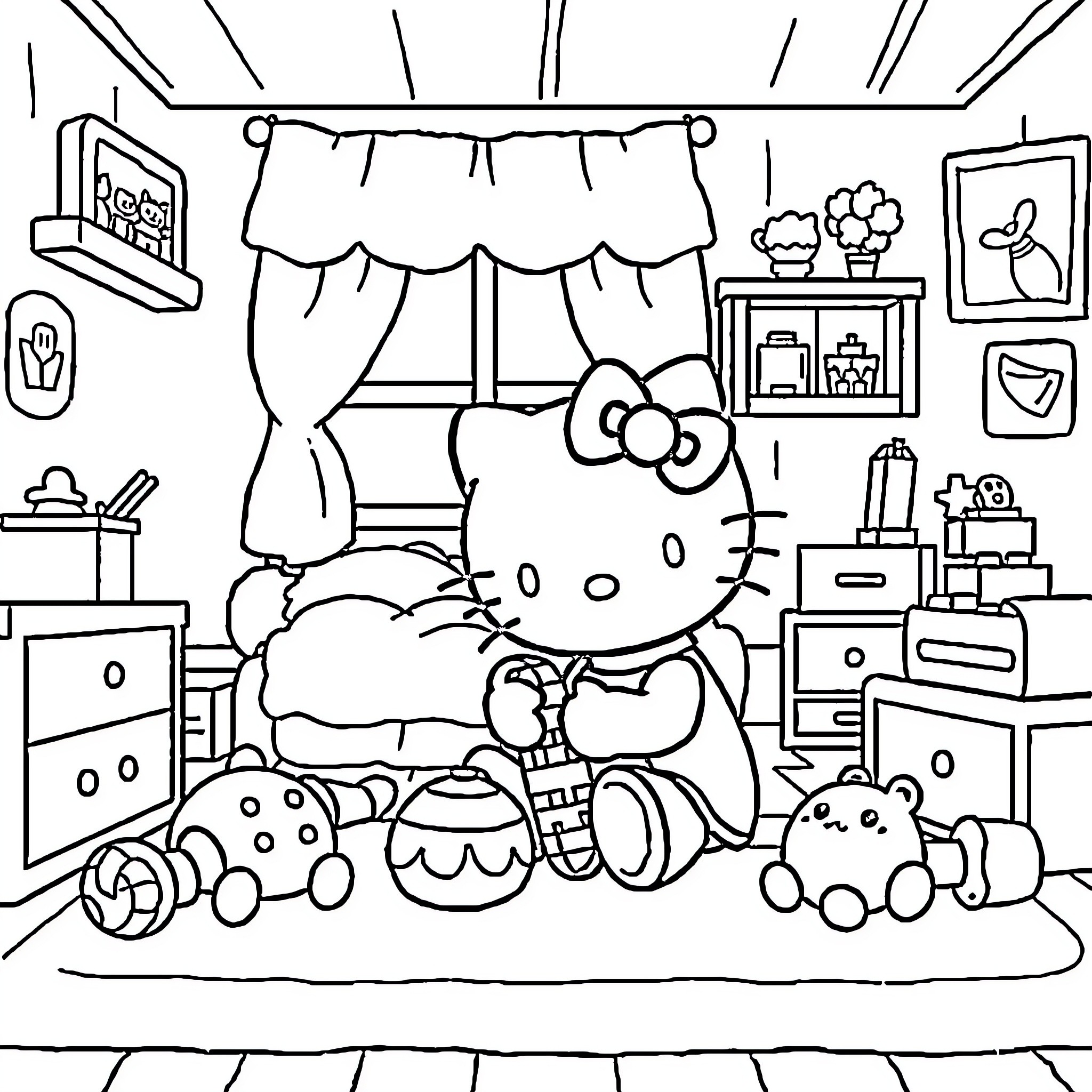 Hello Kitty playing with toys in her cozy room Coloring Page (free black-and-white line drawing printable PDF for all, from beginners to advanced learners, including children, teens, adults, and seniors)