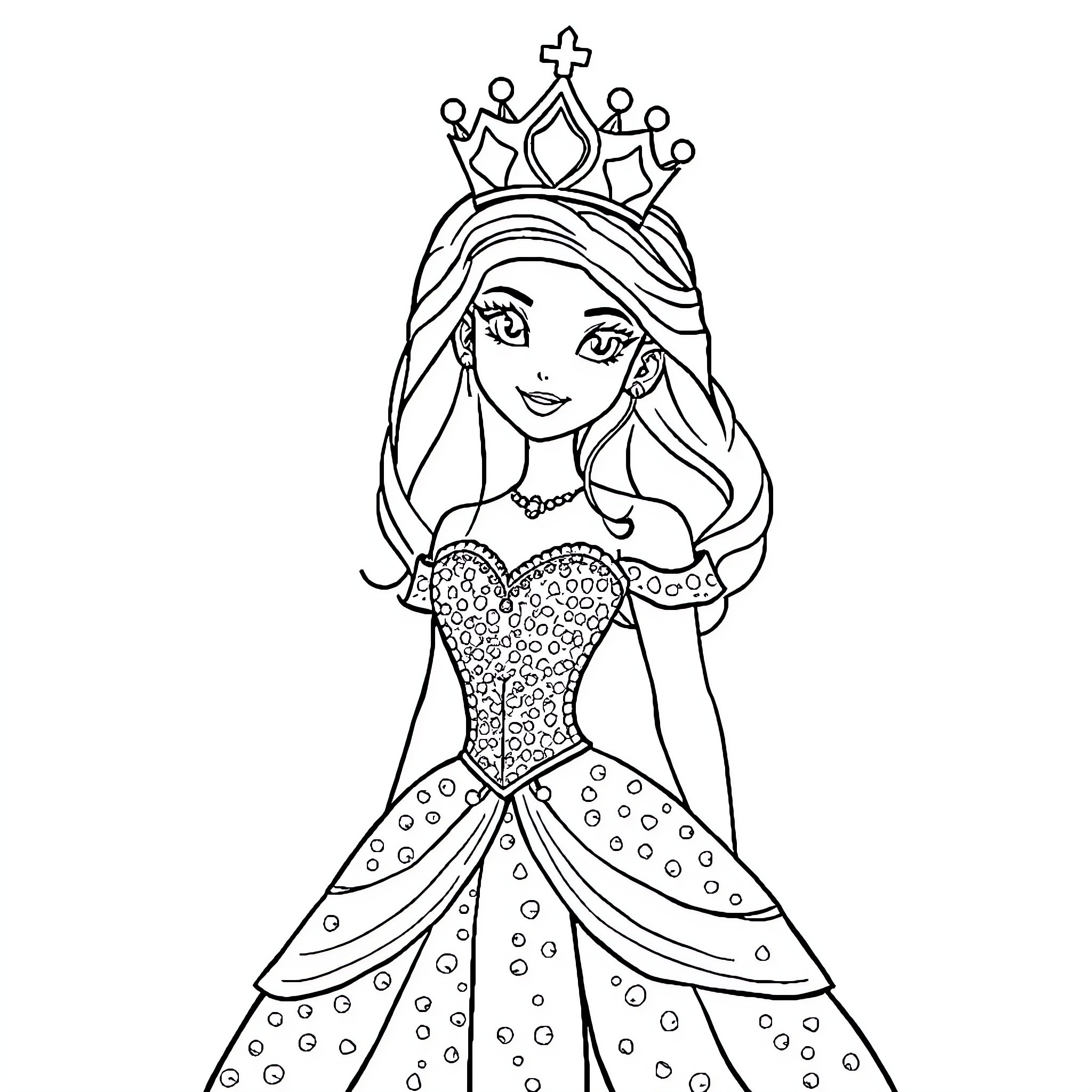 Princess in Sparkling Gown and Crown Coloring Page (free black-and-white line drawing printable PDF for all, from beginners to advanced learners, including children, teens, adults, and seniors)