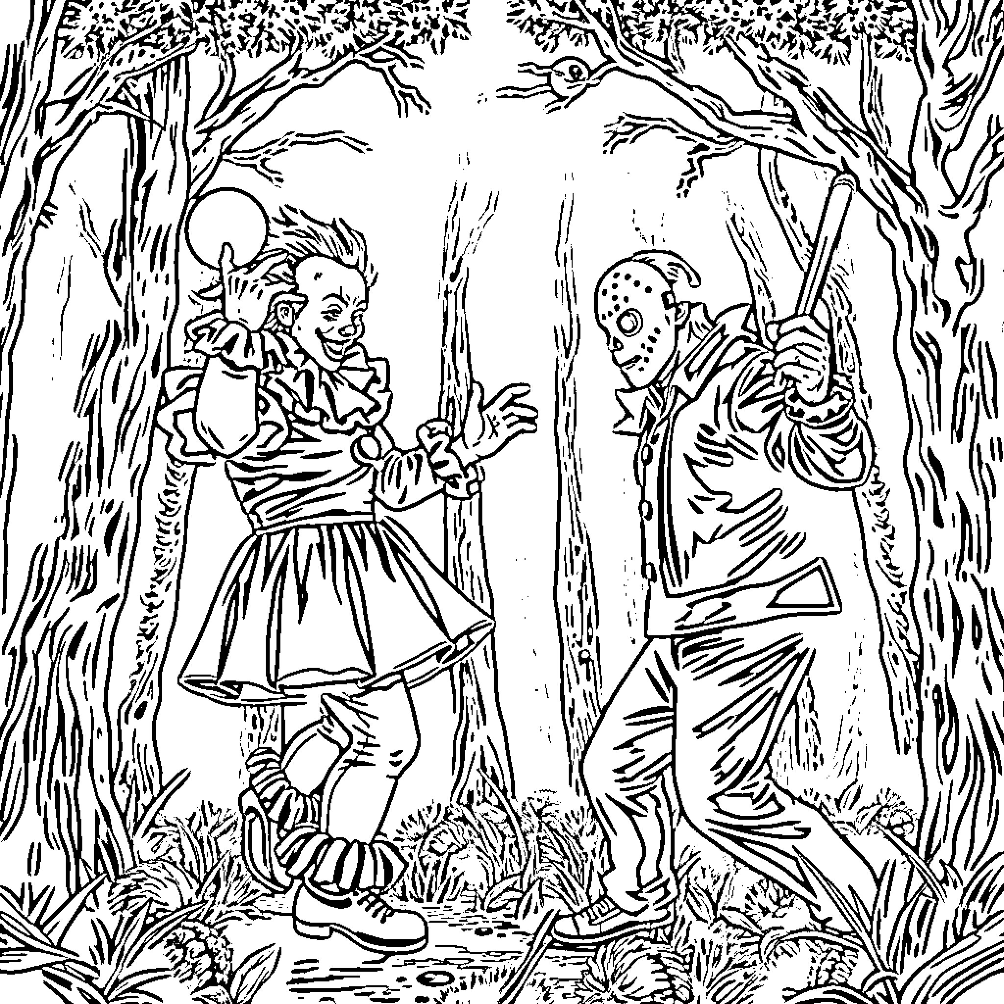 Pennywise's Eerie Encounter in the Enchanted Forest Coloring Page (free black-and-white line drawing printable PDF for all, from beginners to advanced learners, including children, teens, adults, and seniors)