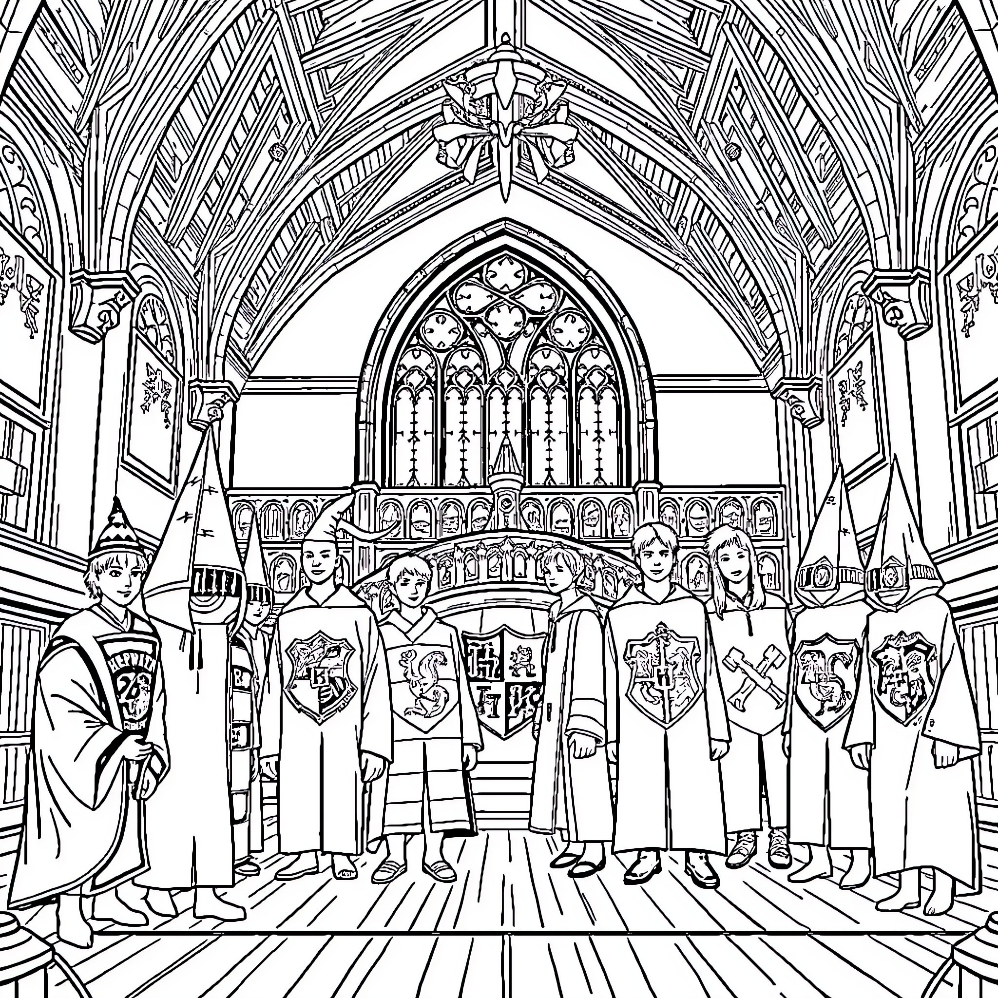Hogwarts House Gathering in Ornate Dining Hall Coloring Page (free black-and-white line drawing printable PDF for all, from beginners to advanced learners, including children, teens, adults, and seniors)