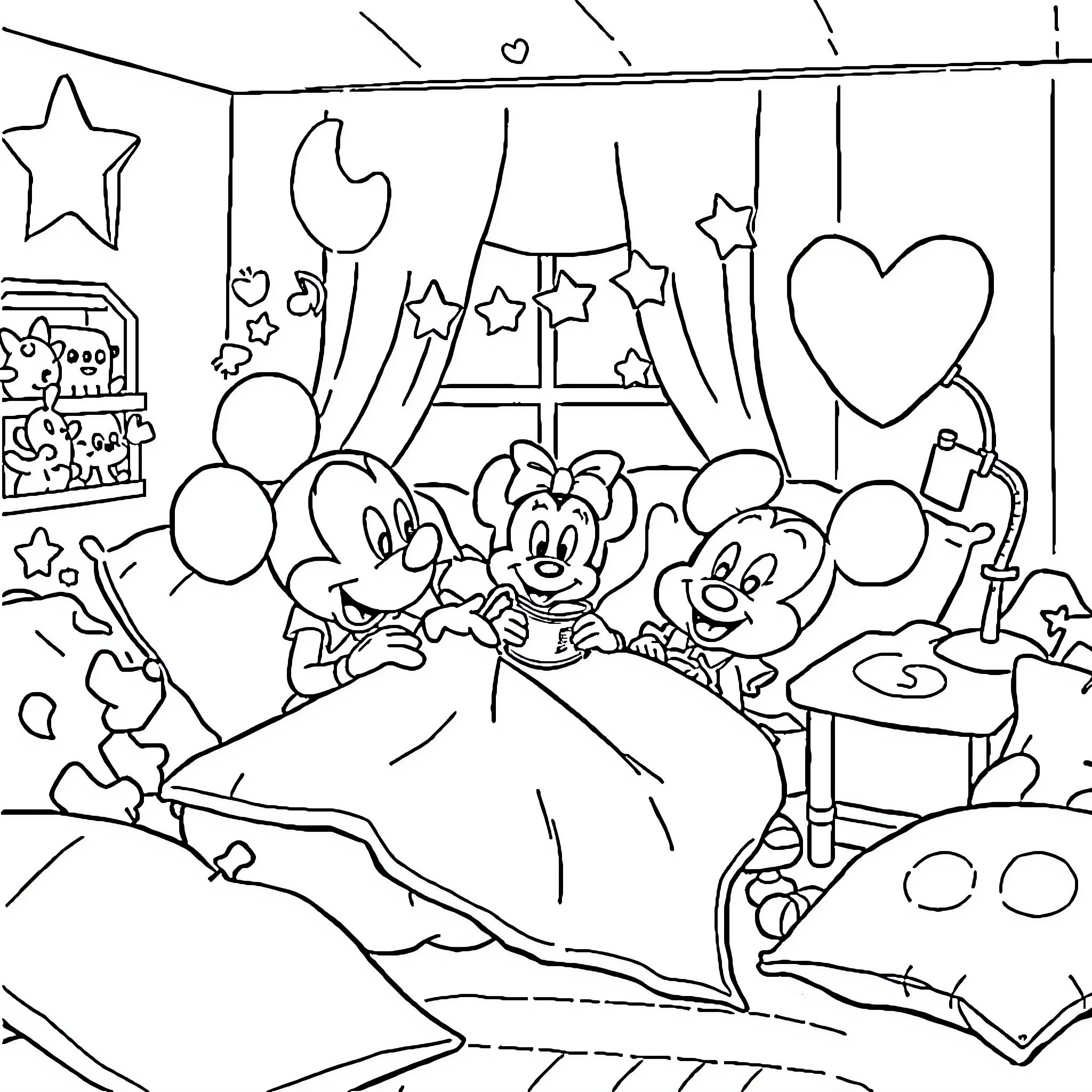 Disney characters in a whimsical bedroom scene Coloring Page (free black-and-white line drawing printable PDF for all, from beginners to advanced learners, including children, teens, adults, and seniors)