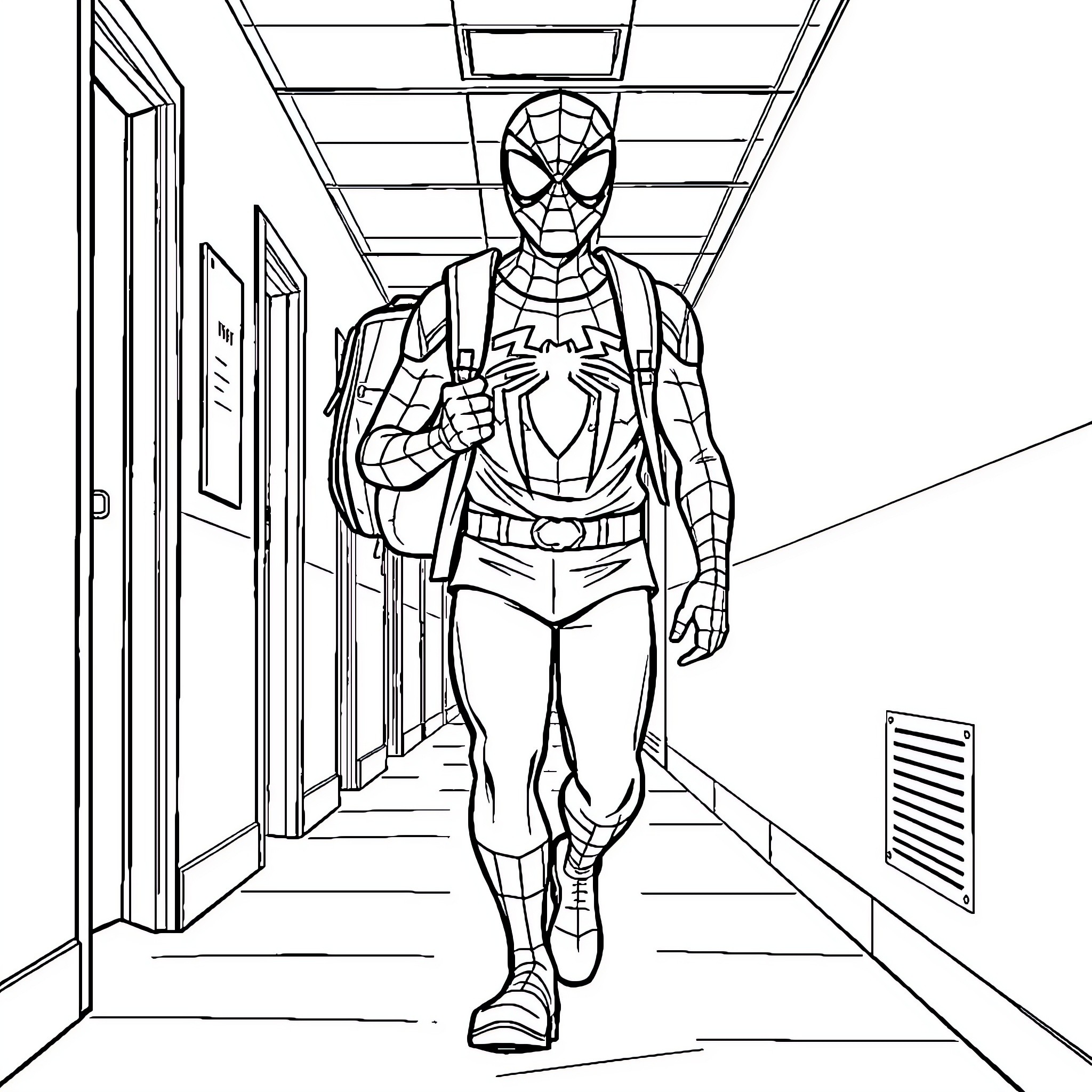 Spiderman walking confidently in the school hallway Coloring Page (free black-and-white line drawing printable PDF for all, from beginners to advanced learners, including children, teens, adults, and seniors)